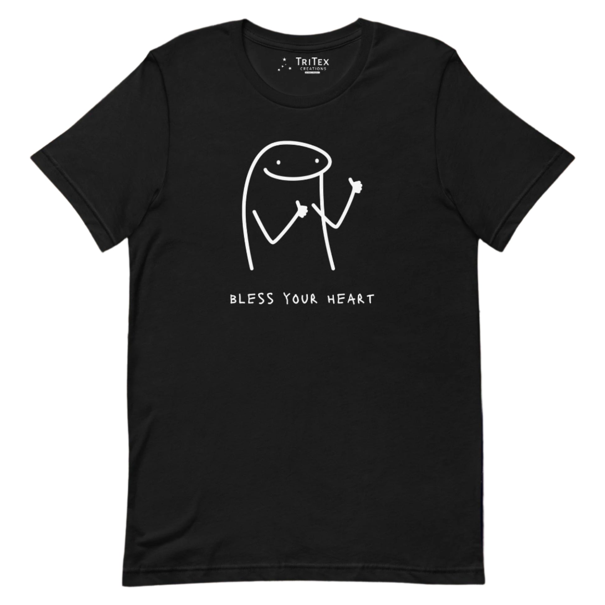 A black t-shirt featuring a cartoon character giving thumbs up with the words "Bless Your Heart" underneath.