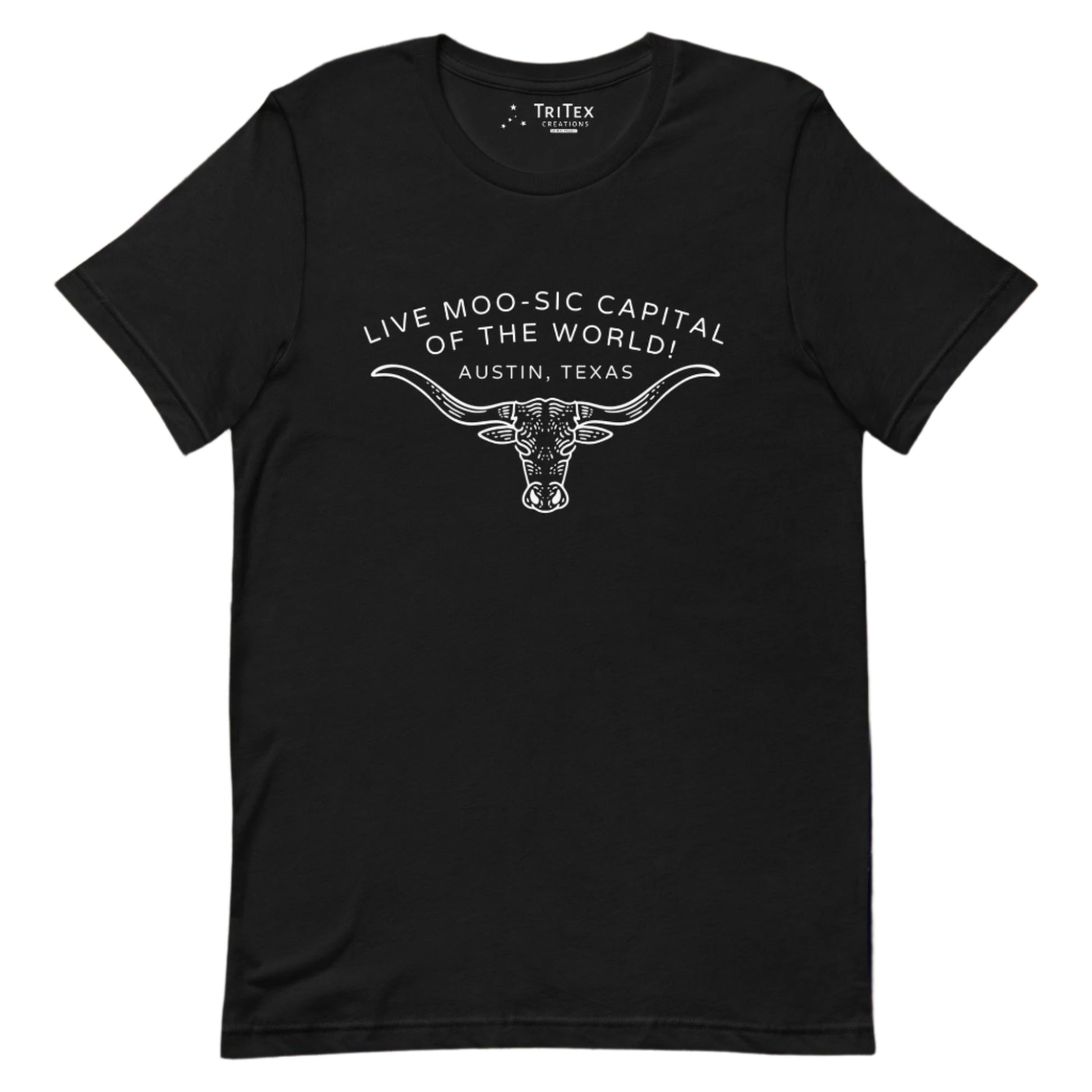 A black t-shirt featuring an image of a longhorn bull with the words "Live moo-sic capital of the world! Austin, Texas".