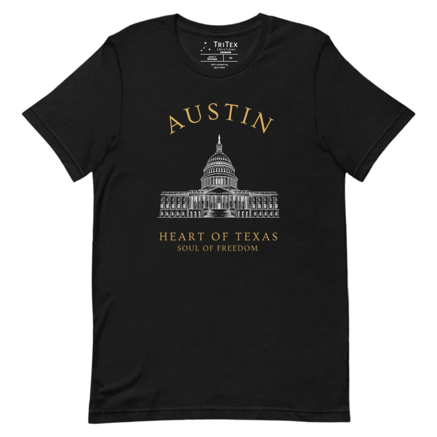 A black t-shirt featuring the Texas Capitol Building with the text "Austin. Heart of Texas. Soul of Freedom".