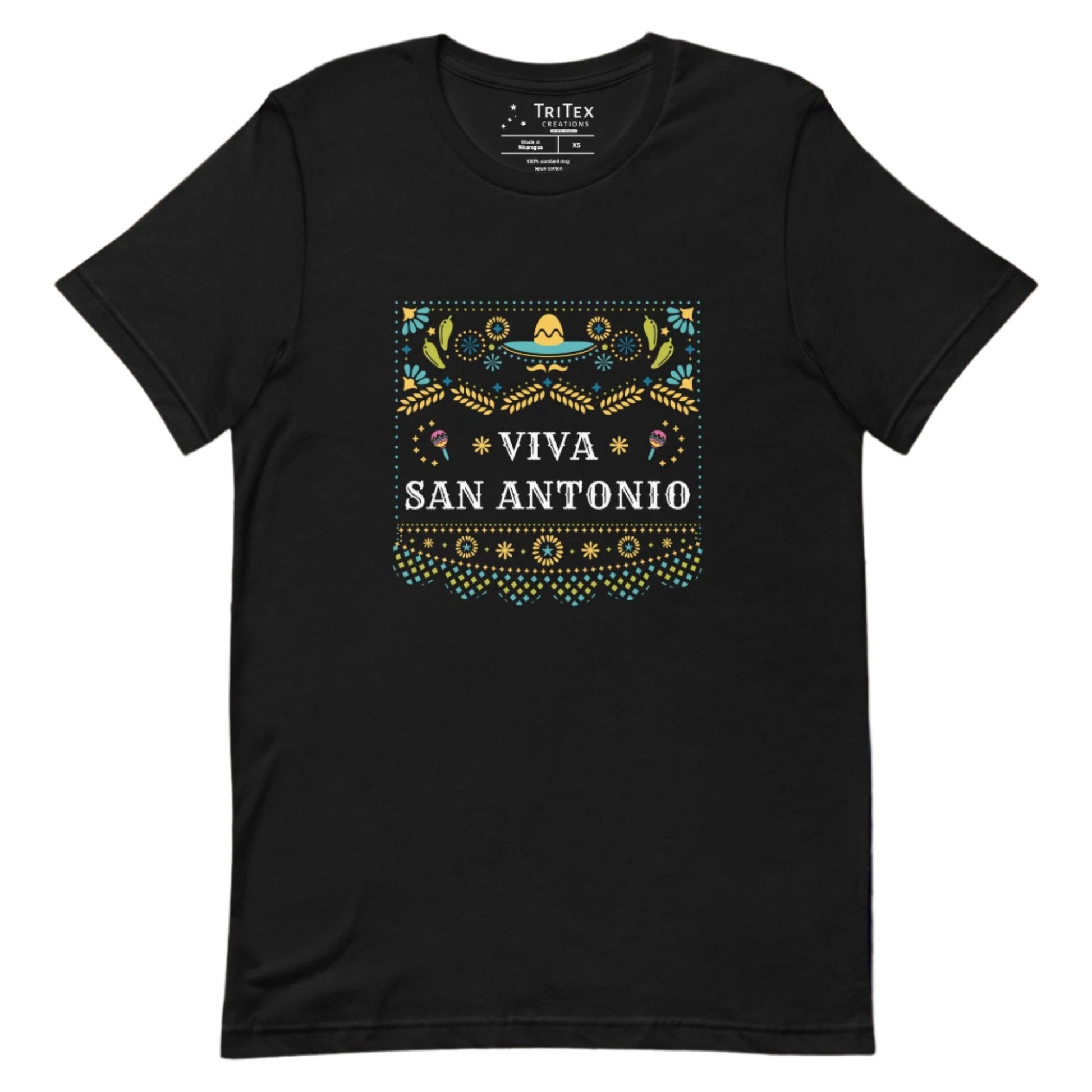 A black t-shirt featuring a festive Mexican-style pattern with the words "Viva San Antonio".