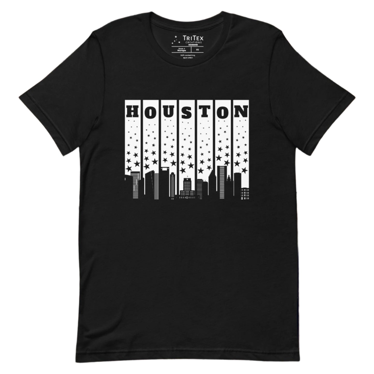 A white t-shirt with a silhouette of the Houston Skyline with some stars and the words "Houston" above.