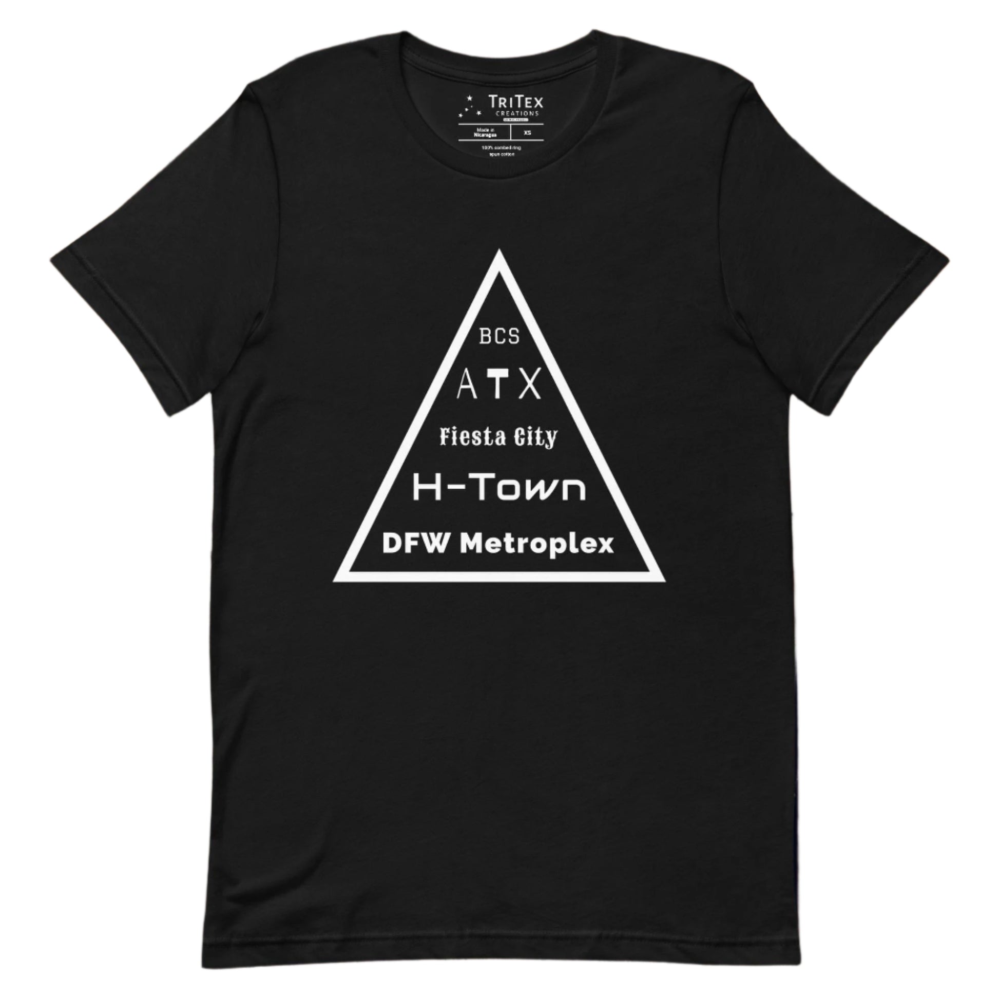 A black t-shirt featuring a triangle with the text "BCS, ATX, Fiesta City, H-Town, DFW Metroplex".