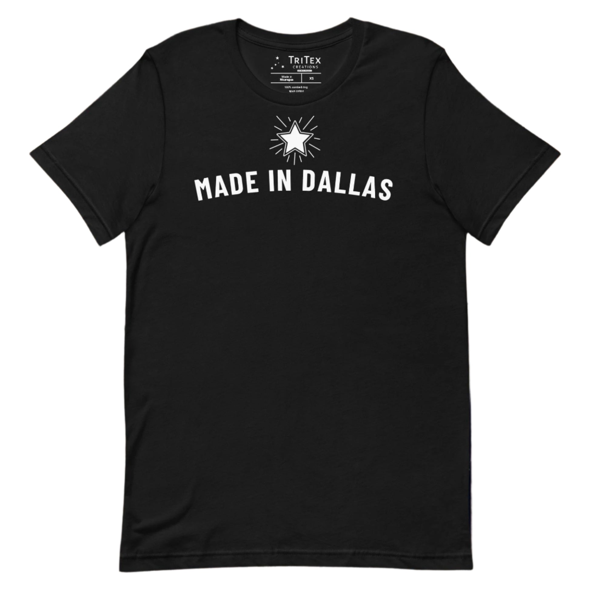 A black t-shirt with a 5-pointed star and the text "Made in Dallas".