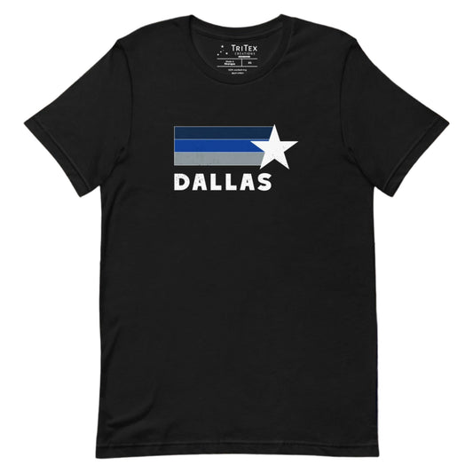 A black t-shirt featuring navy blue, royal blue, gray stripes and a white star with the word "Dallas".