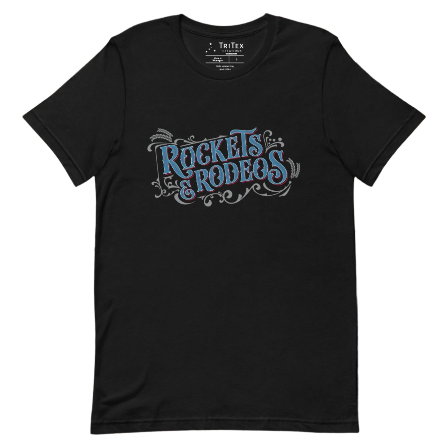 A black t-shirt with vintage-style text that reads "Rockets & Rodeos".