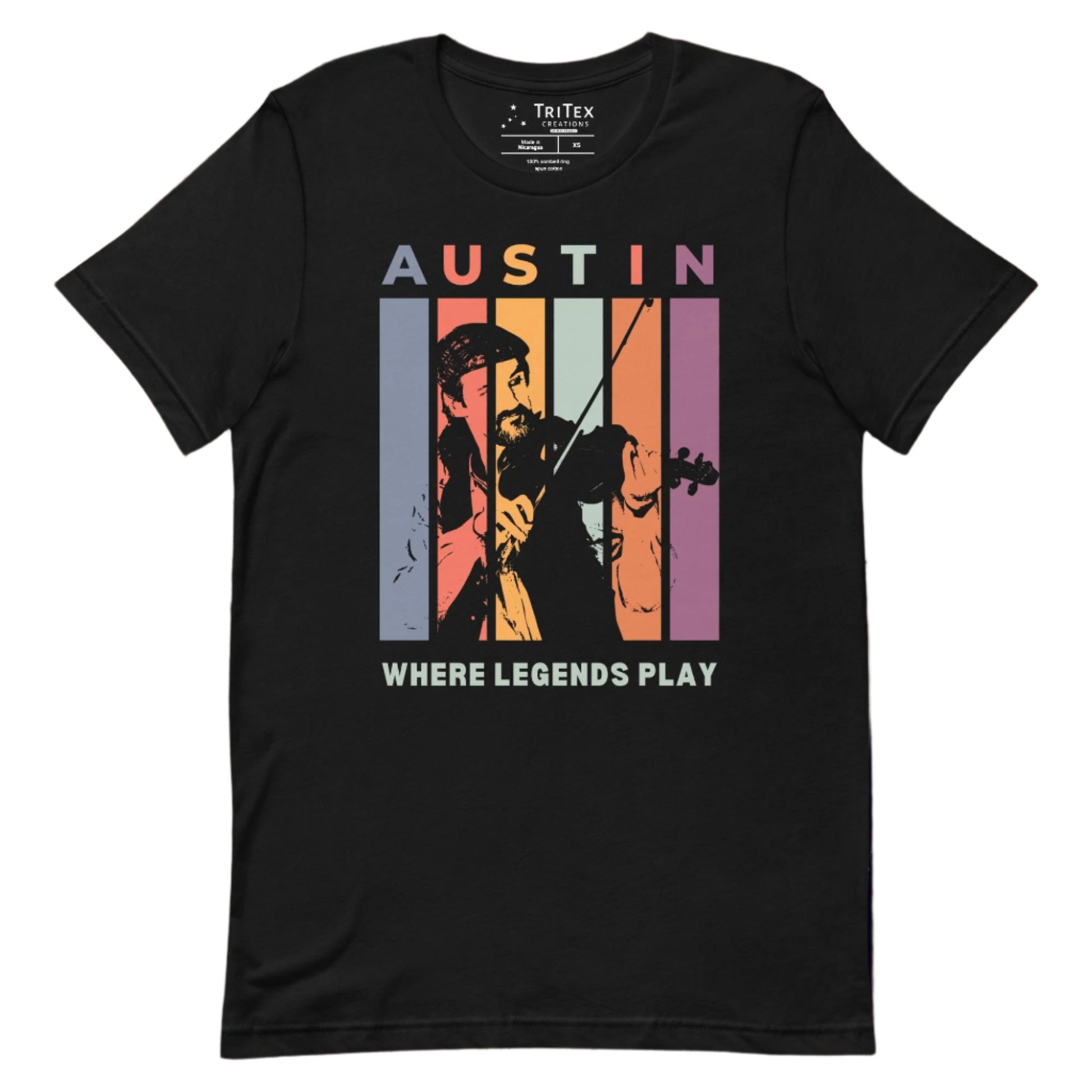 A black t-shirt featuring a silhouette of a fiddle player with the words "Austin. Where legends play".