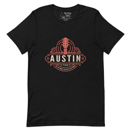 A black t-shirt featuring the head and neck of a guitar with the words "Austin Texas. The Live Music Capital Of The World."