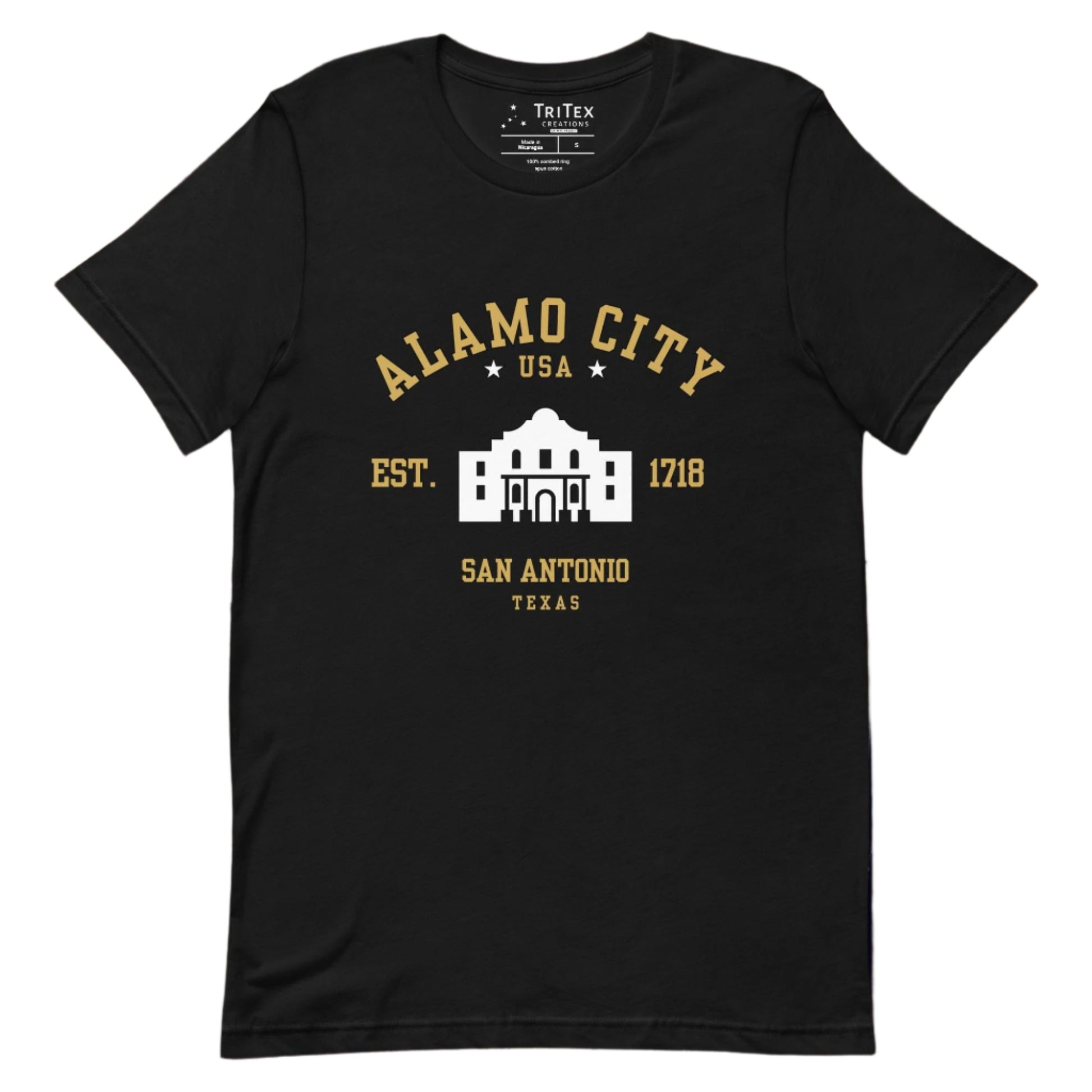 A black t-shirt featuring an image of The Alamo with the words "Alamo City USA Est. 1718 San Antonio Texas".