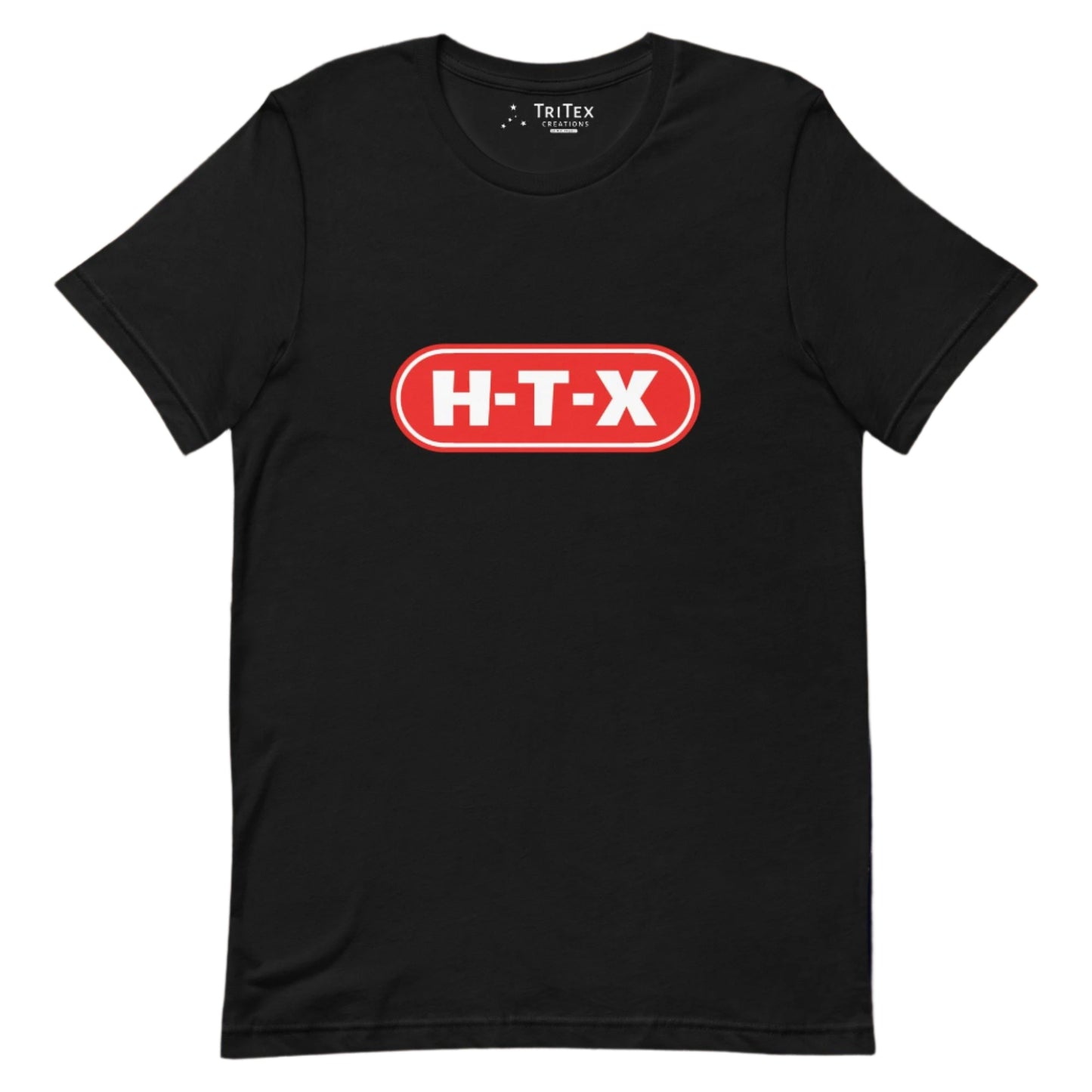 A black t-shirt with the text "H-T-X" in the style of the H-E-B logo.