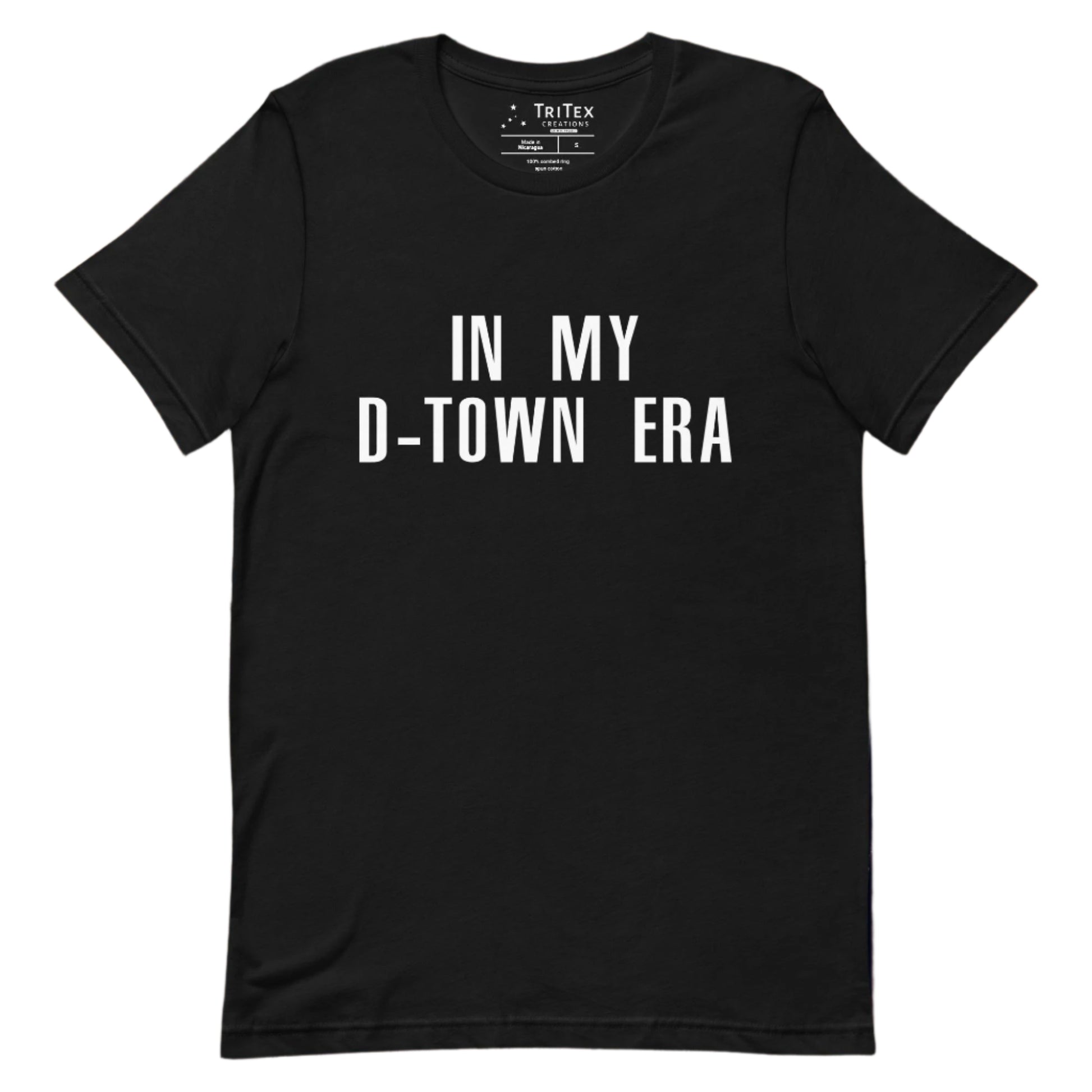 A black t-shirt with the text "In my d-town era.