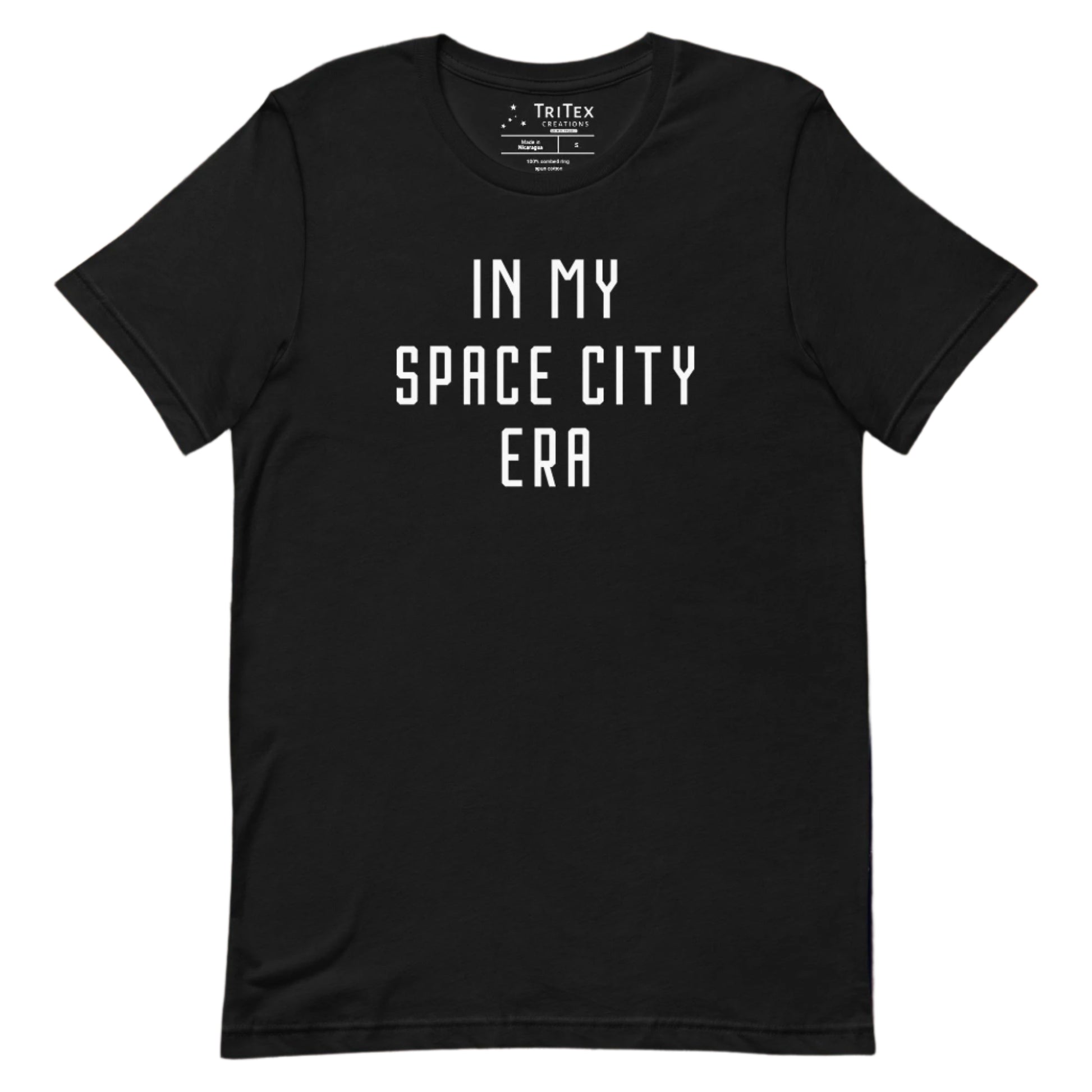 A black t-shirt that reads "In my space city era".