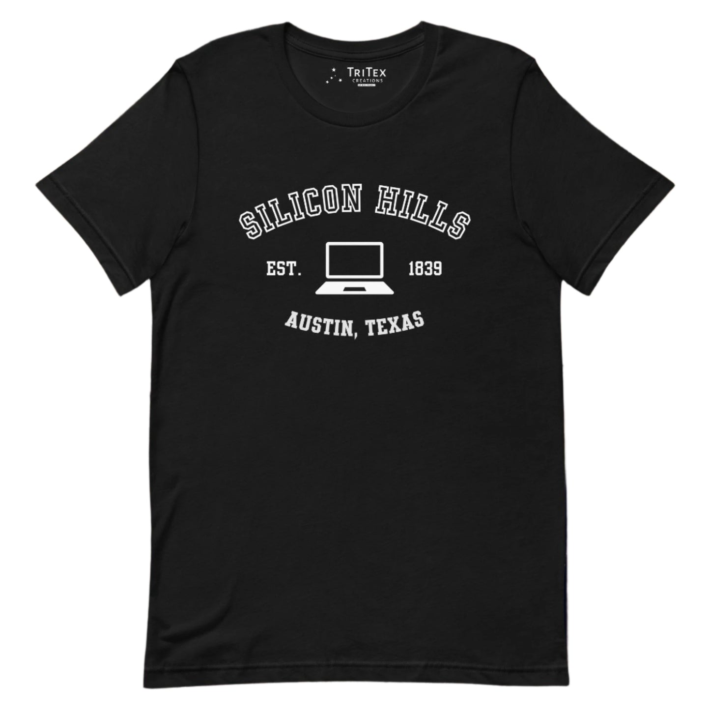 A black t-shirt featuring a graphic image of a laptop with the words "Silicon Hills Est. 1839 Austin, Texas".