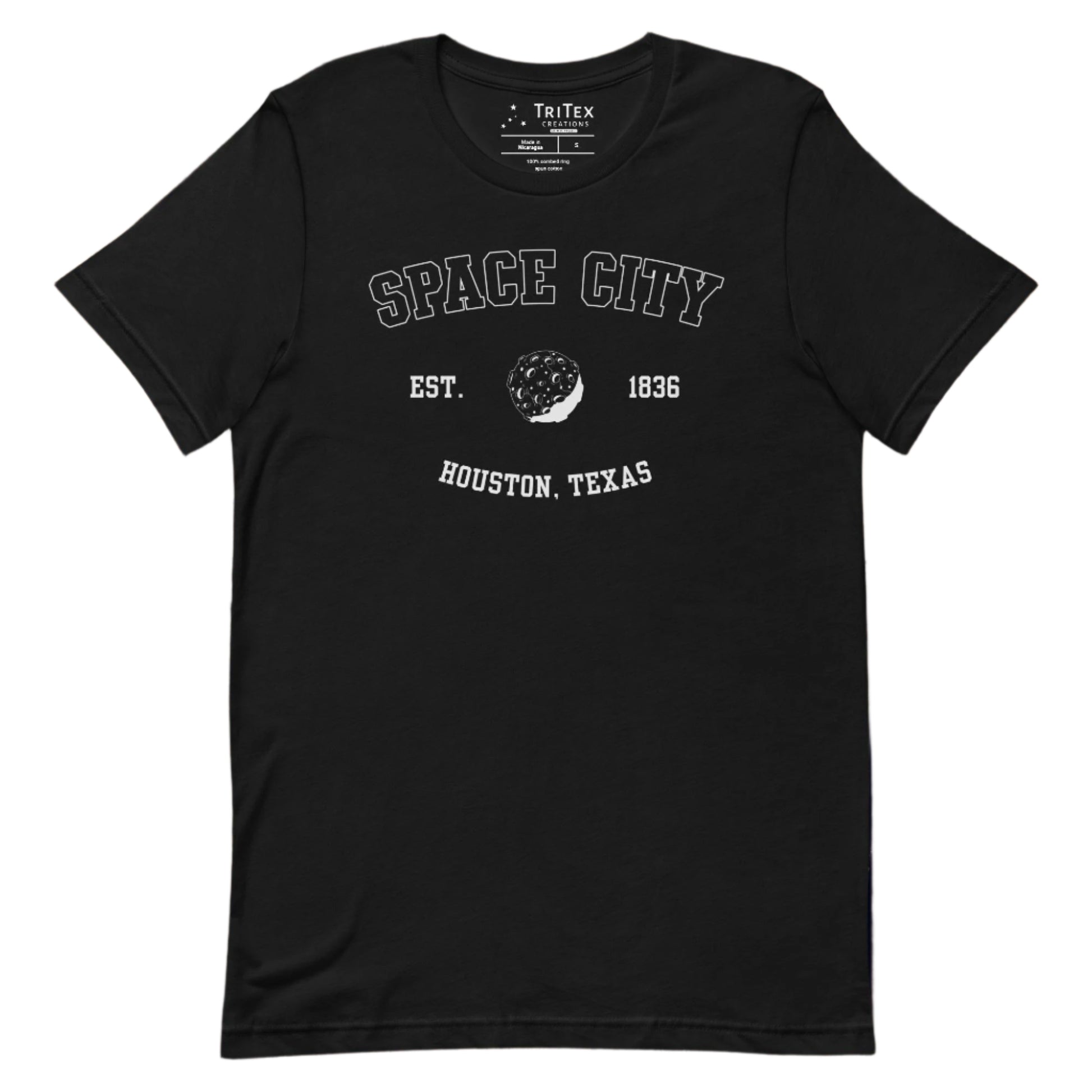 A black t-shirt featuring a graphic image of the moon with the text "Space City Est. 1836 Houston, Texas".