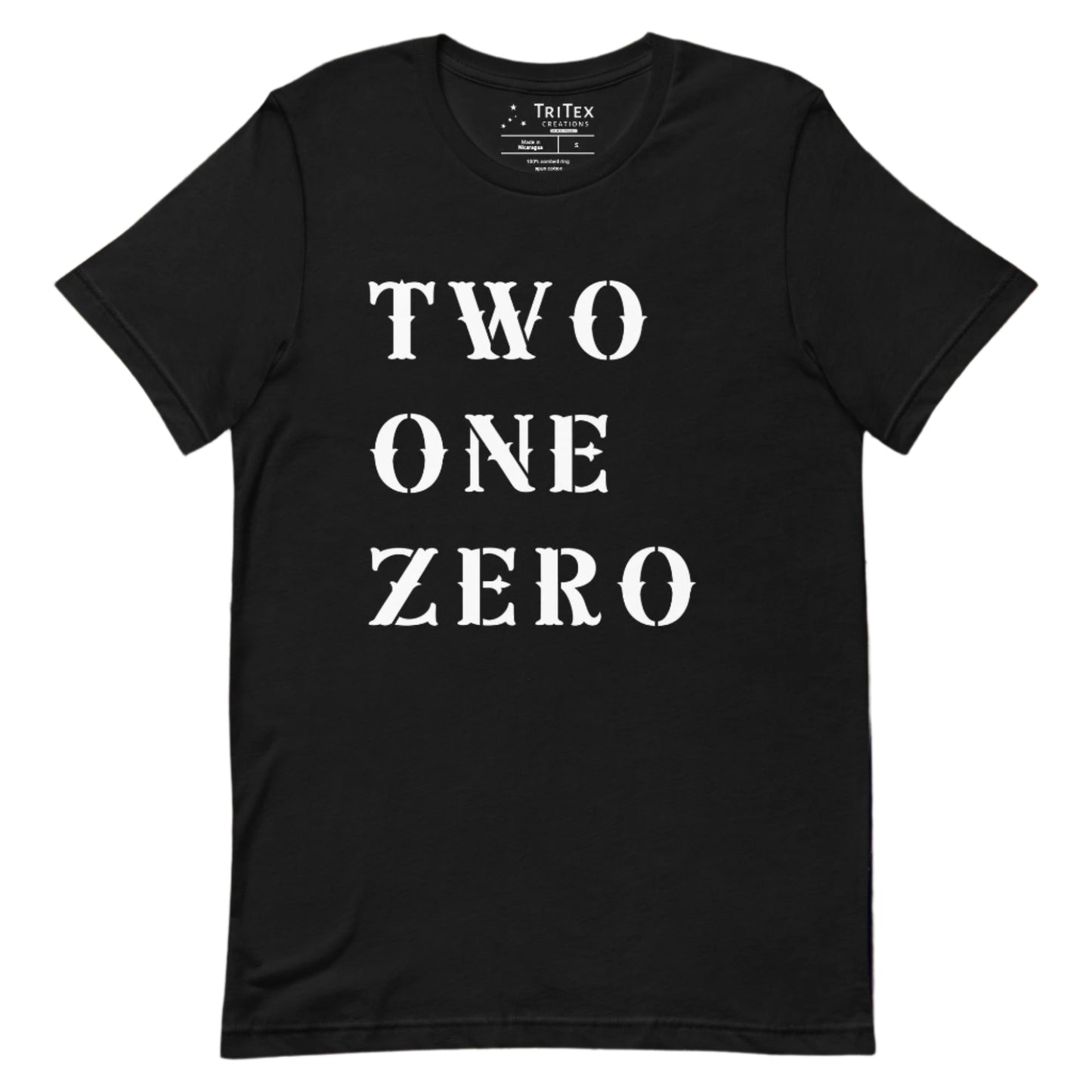 A black t-shirt with the text "TWO ONE ZERO".