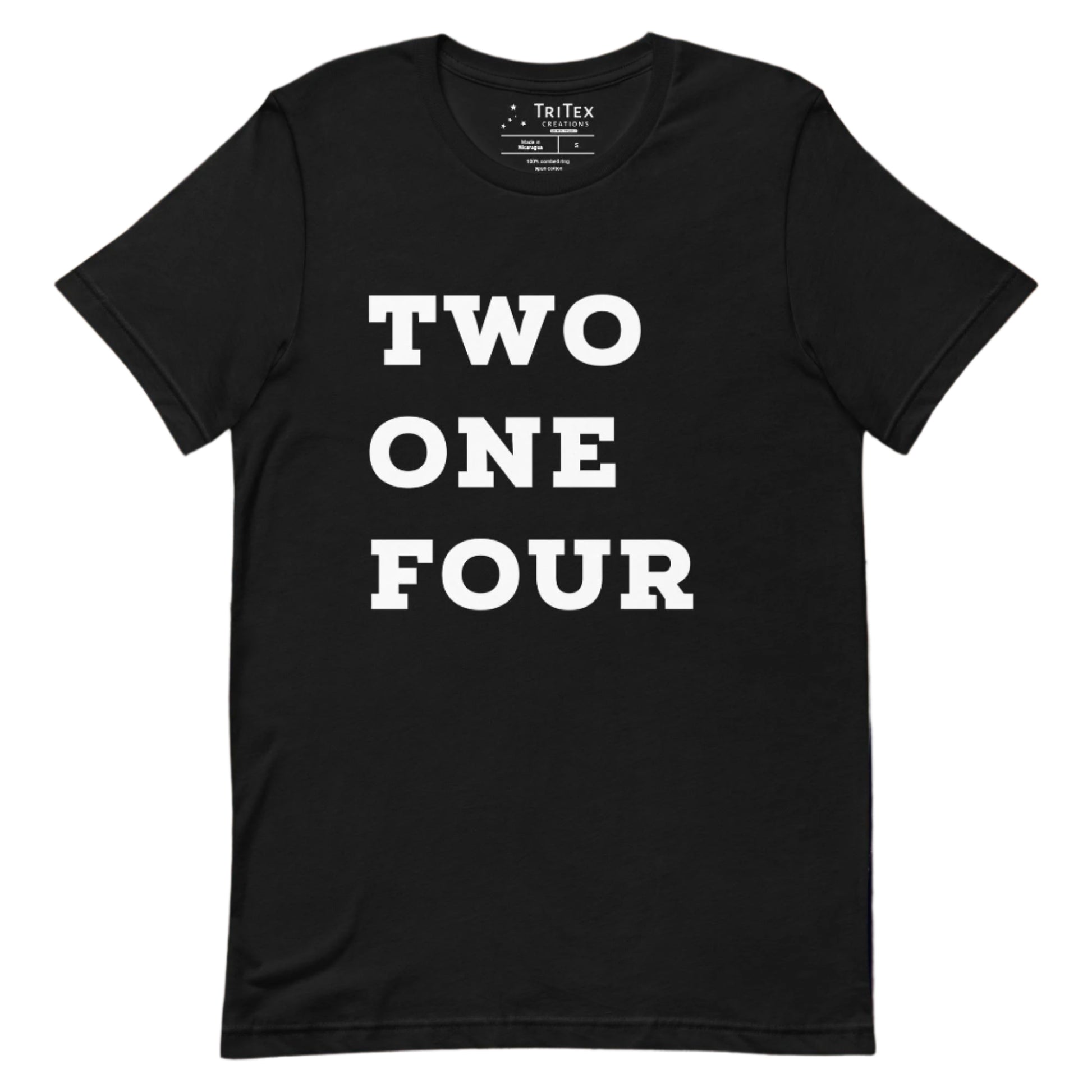 A black t-shirt with the text "TWO ONE FOUR".