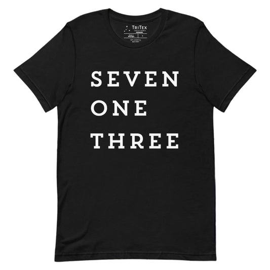 A black t-shirt with the text "SEVEN ONE THREE".