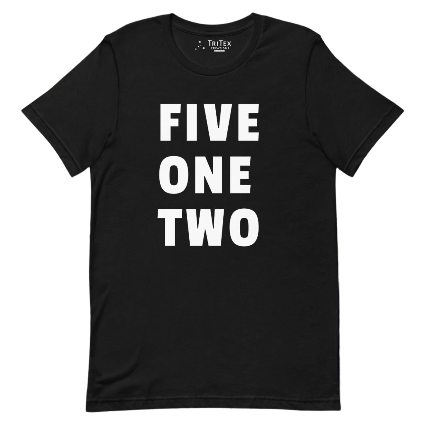 A black t-shirt with the text "FIVE ONE TWO".