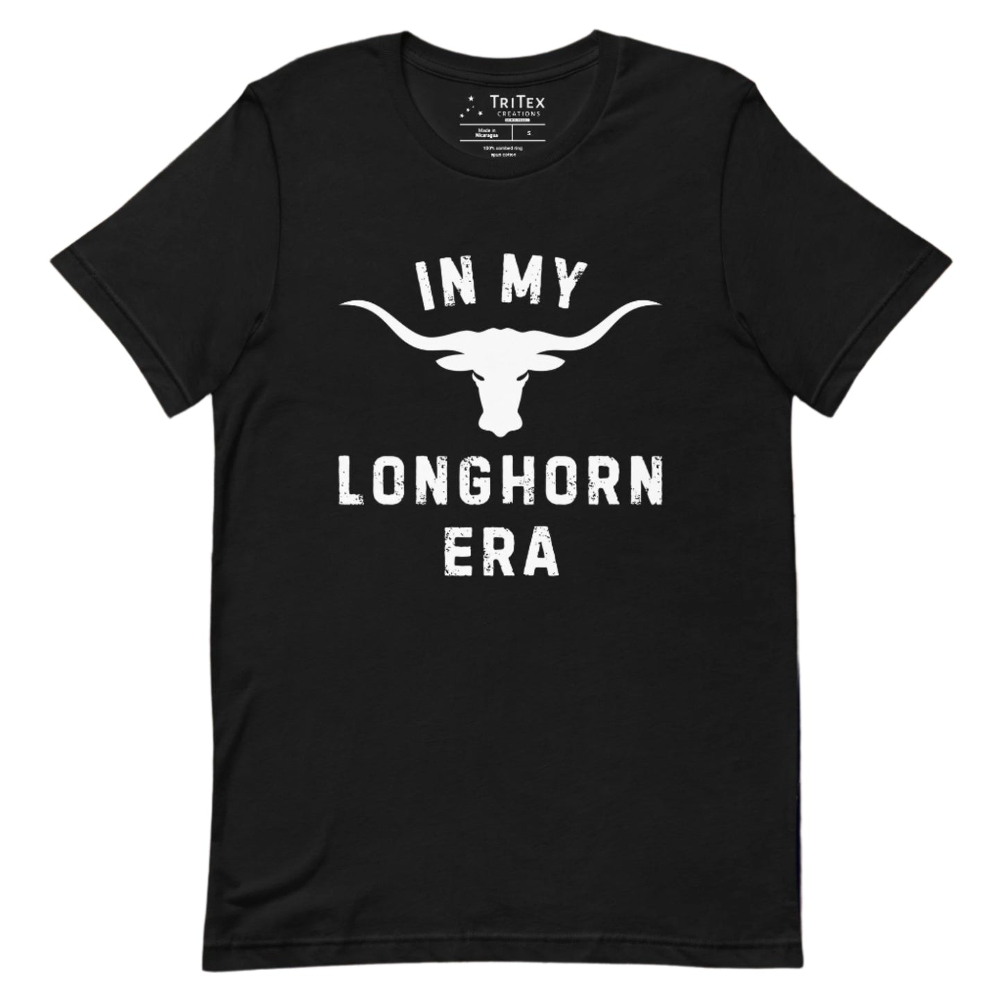 A black t-shirt featuring a silhouette of a longhorn bull with the text "In my longhorn era".