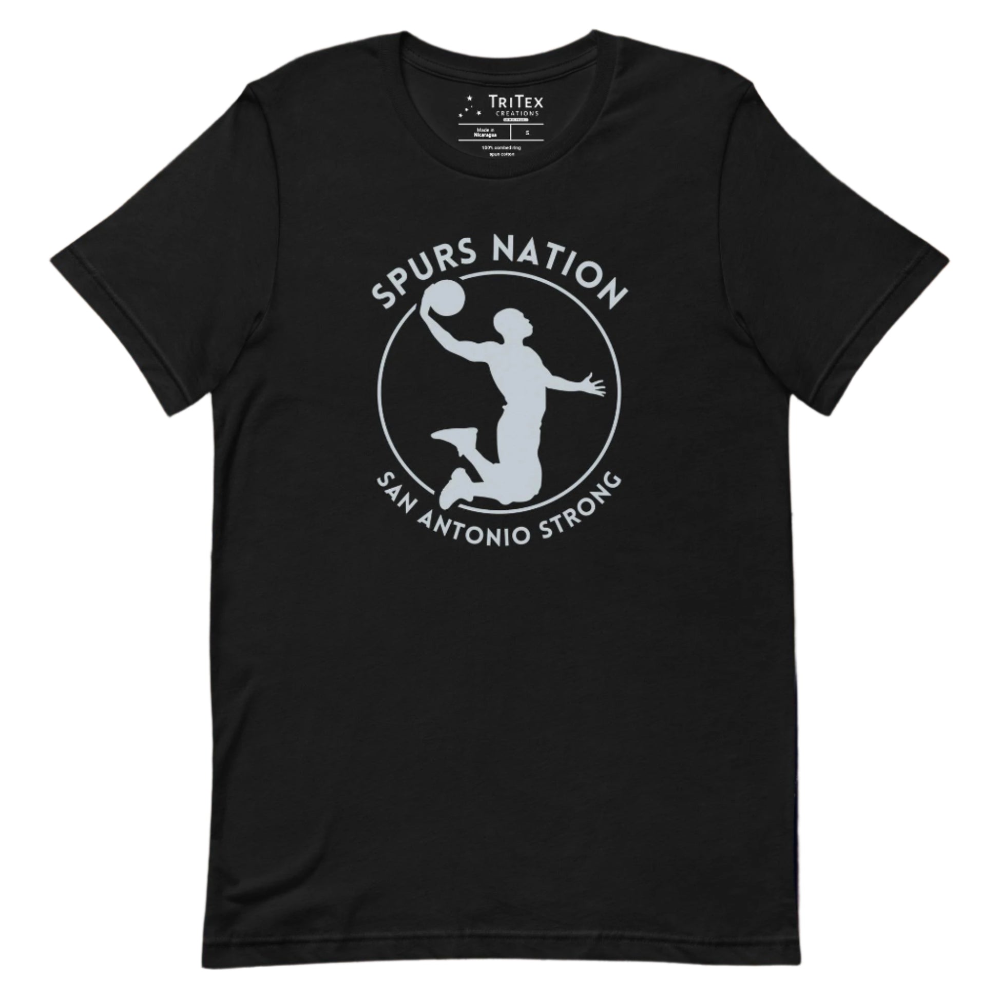 A black t-shirt featuring a basketball player attempting a dunk with the words "Spurs Nation. San Antonio Strong".