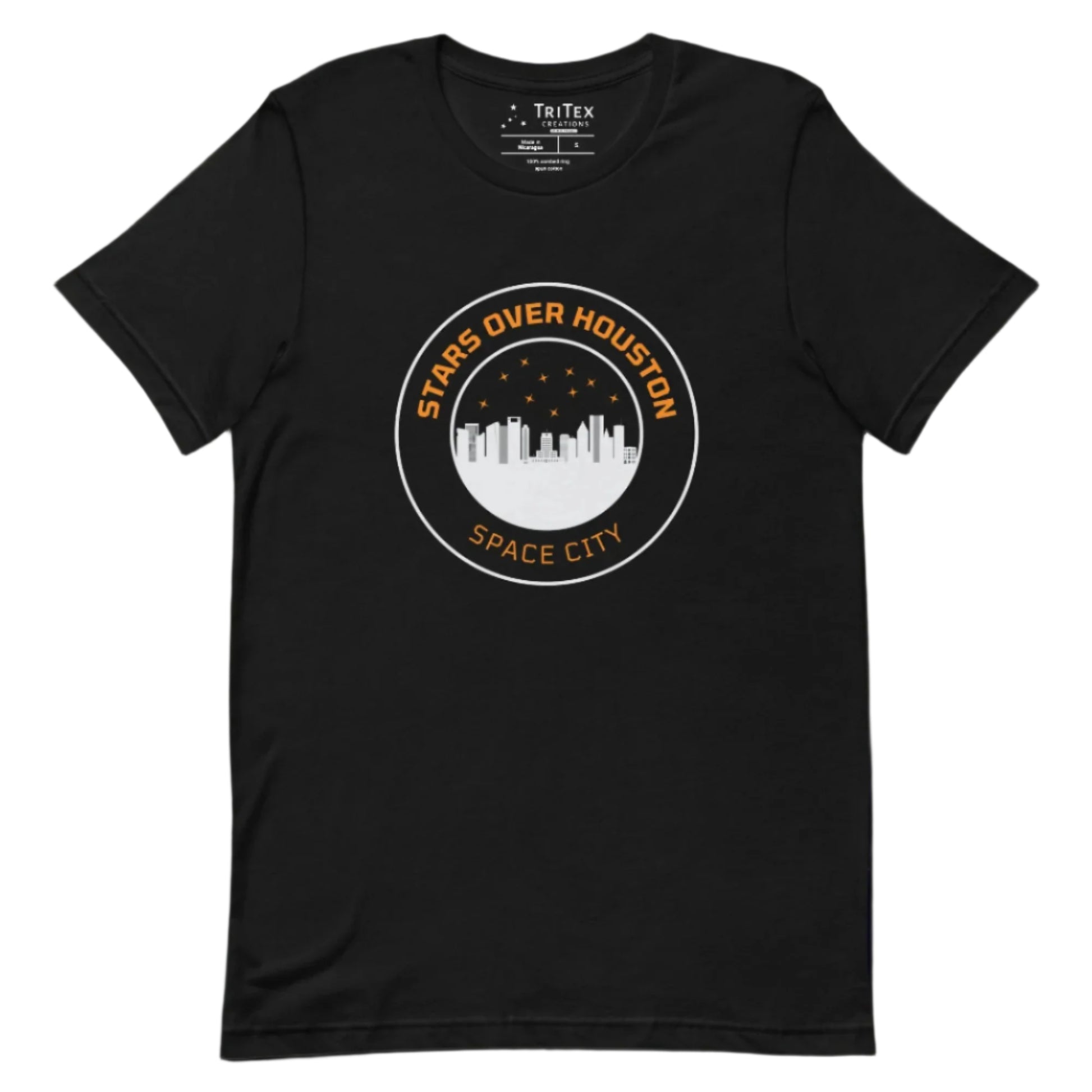 A black t-shirt featuring the Houston skyline underneath a starry sky with the words "Stars over Houston. Space City".