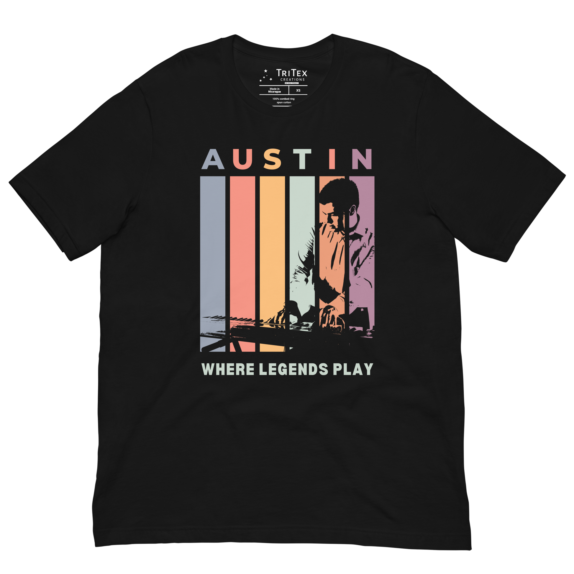 A black t-shirt featuring the silhouette of a keyboard player with the words "Austin. Where legends play".