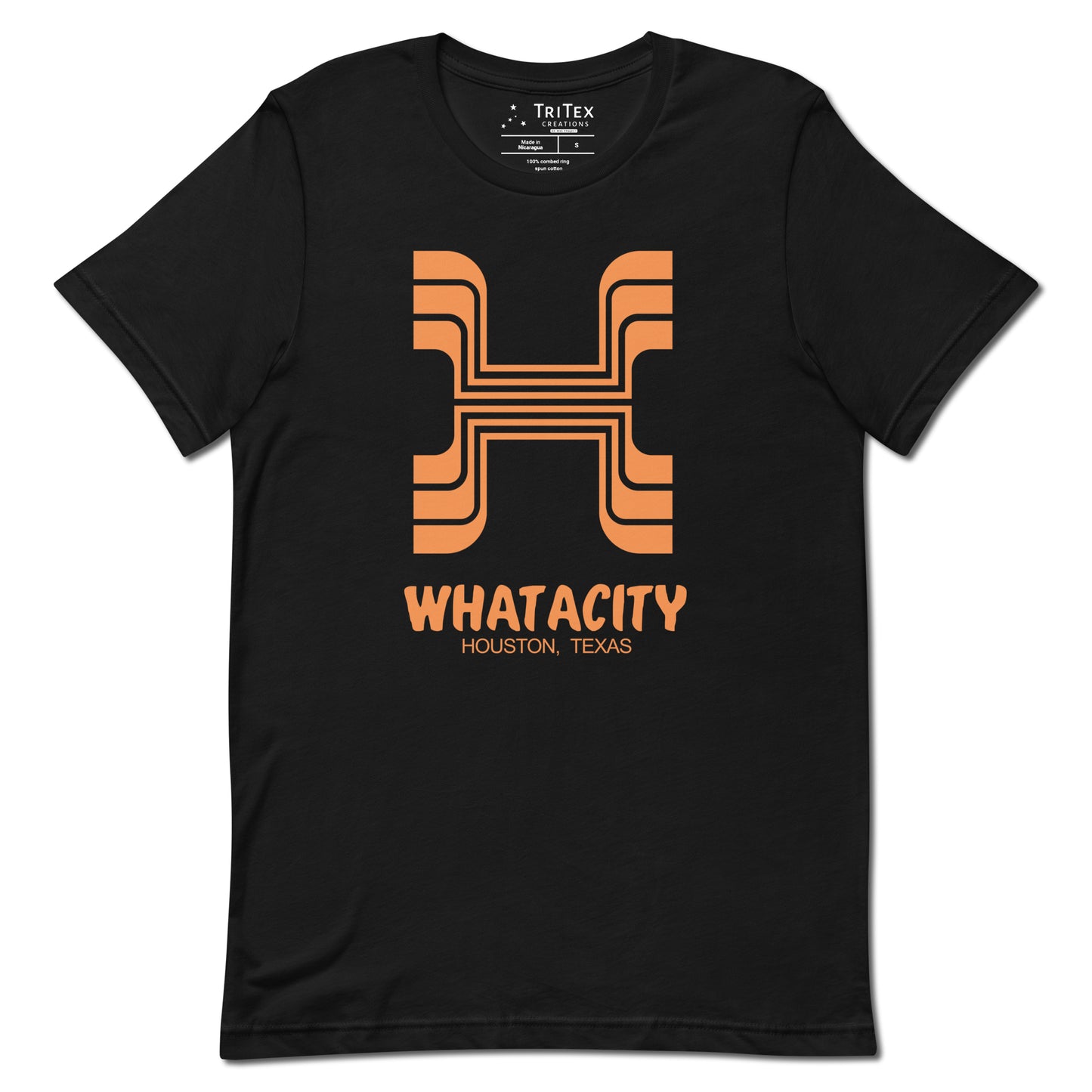 A black t-shirt featuring a letter H style like the Whataburger logo with the text "Whatacity Houston, Texas".