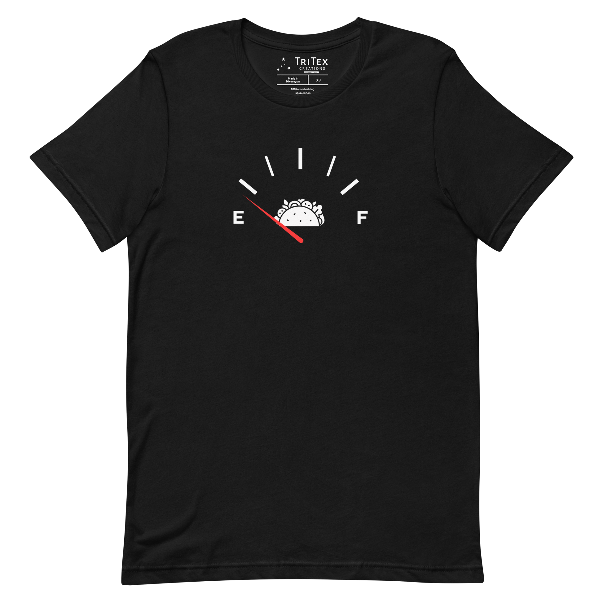 A black t-shirt featuring a graphic image of a fuel gauge running on empty with a picture of a taco.