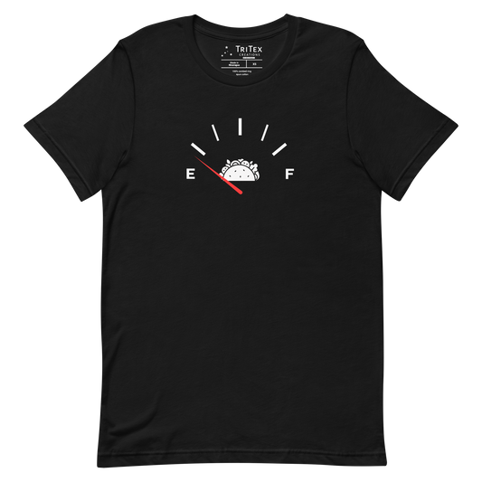 A black t-shirt featuring a graphic image of a fuel gauge running on empty with a picture of a taco.