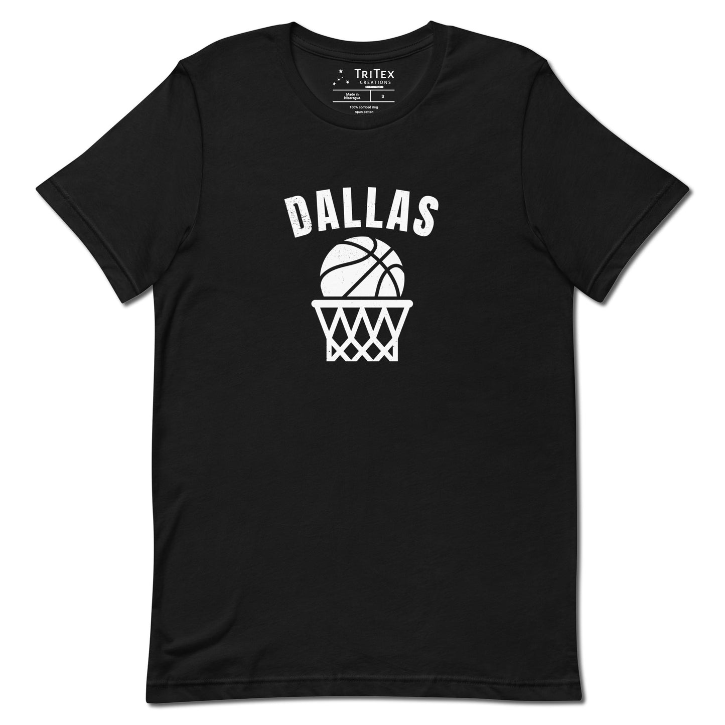 A black t-shirt featuring a basketball and net with the words "Dallas".