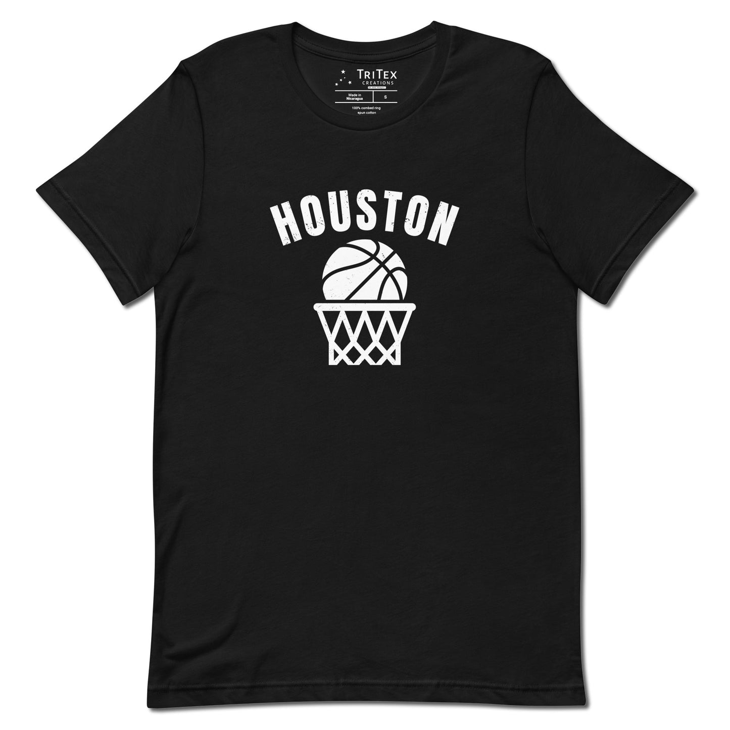 A black t-shirt featuring a basketball and net with the words "Houston".