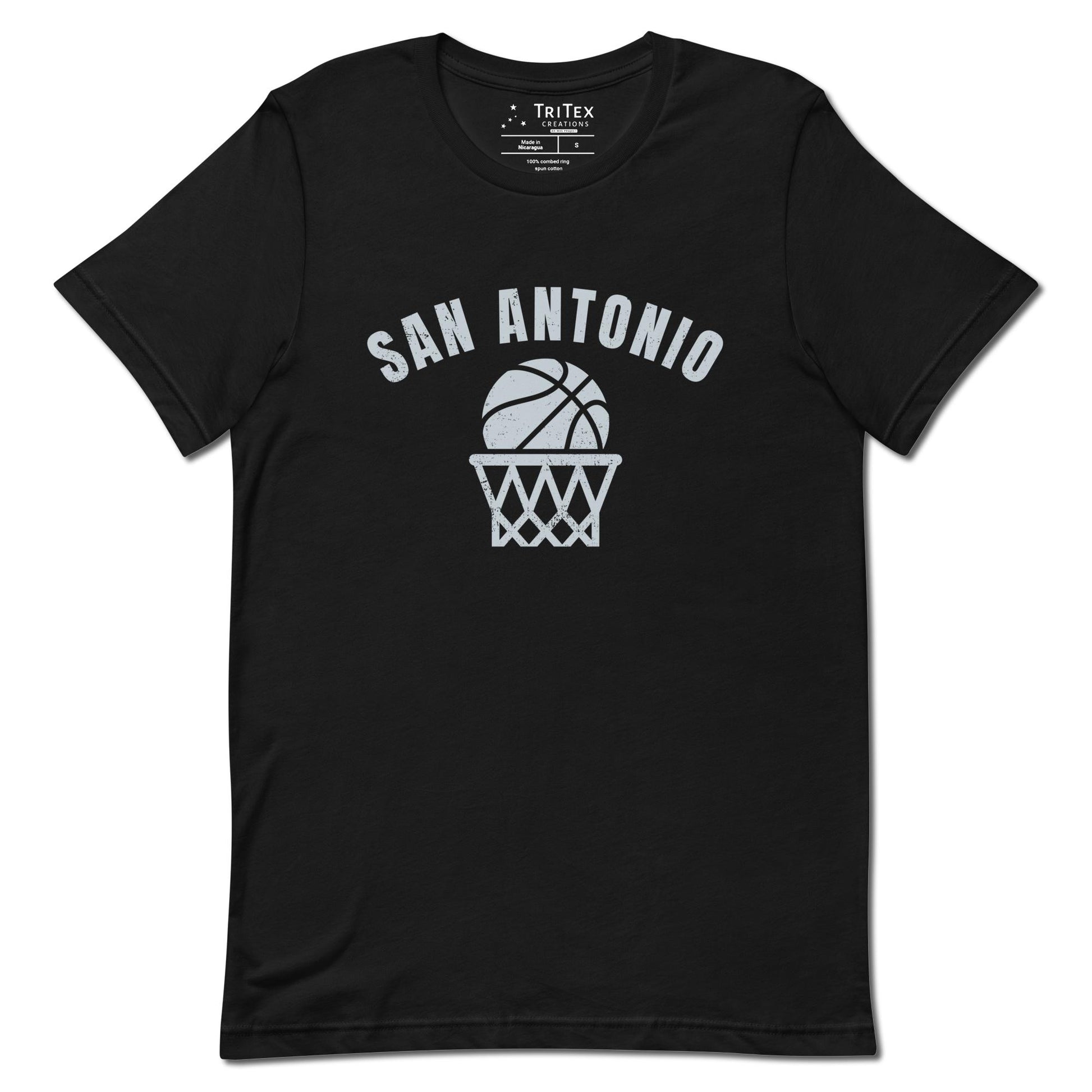 A black t-shirt featuring a basketball and net with the words "San Antonio".