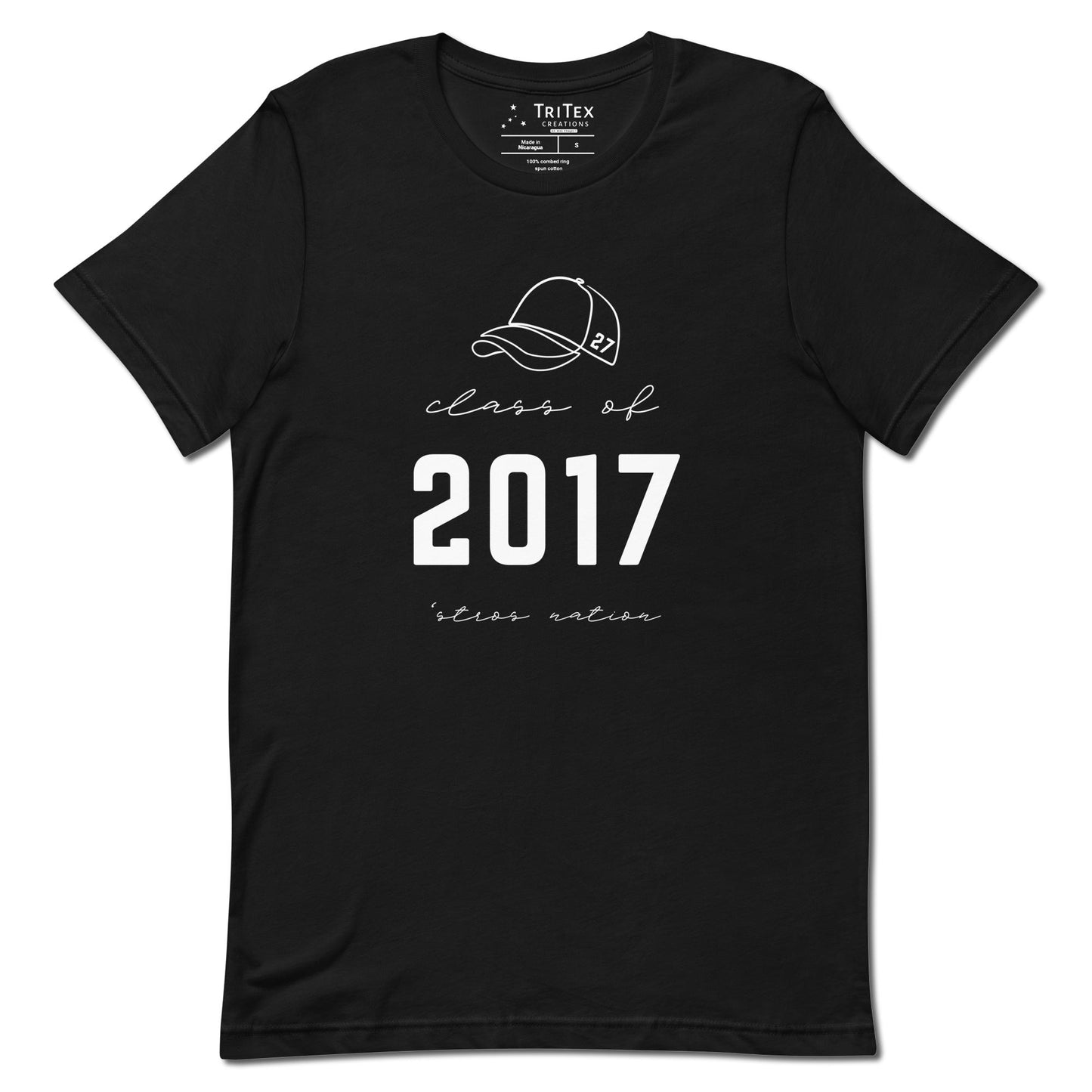 A black t-shirt with a drawing of a baseball cap #27 with the text "Class of 2017'stros nation".