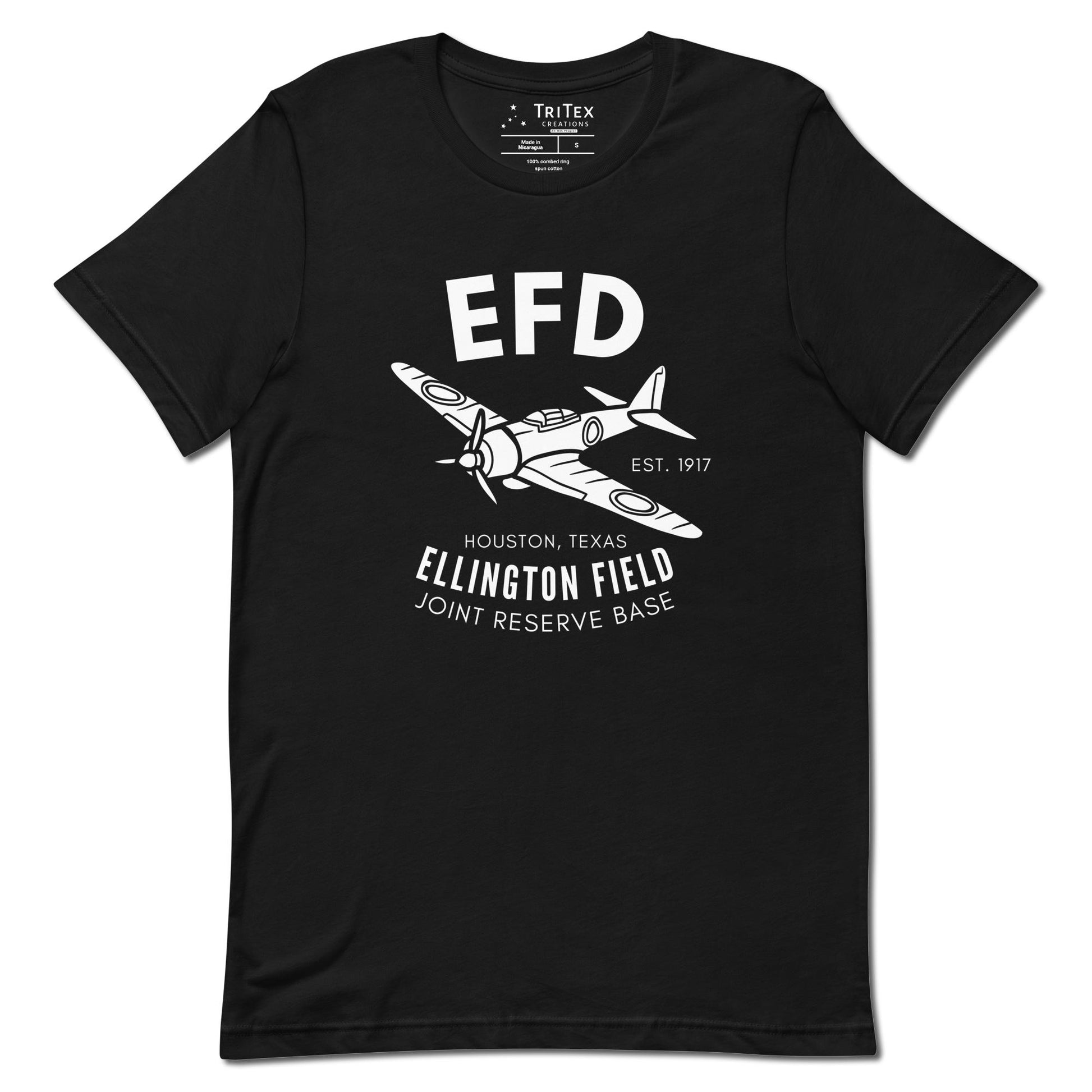 A black t-shirt featuring a vintage fighter lane with the words "EFD Est. 1917 Houston, Texas Ellington Field Joint Reserve Base".