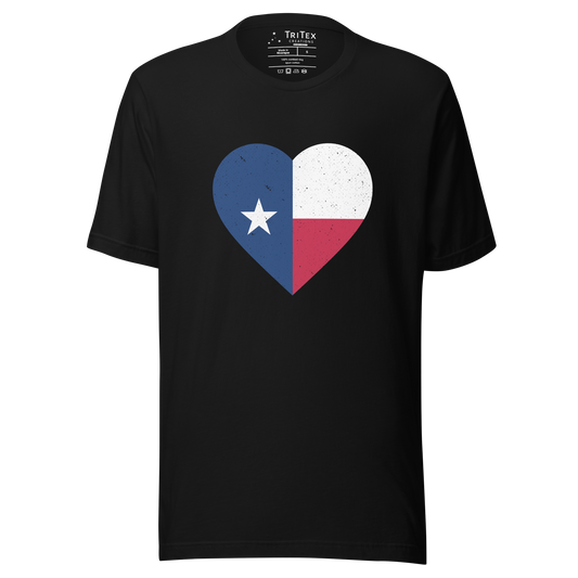 A black t-shirt featuring the Texas flag within a heart shape.