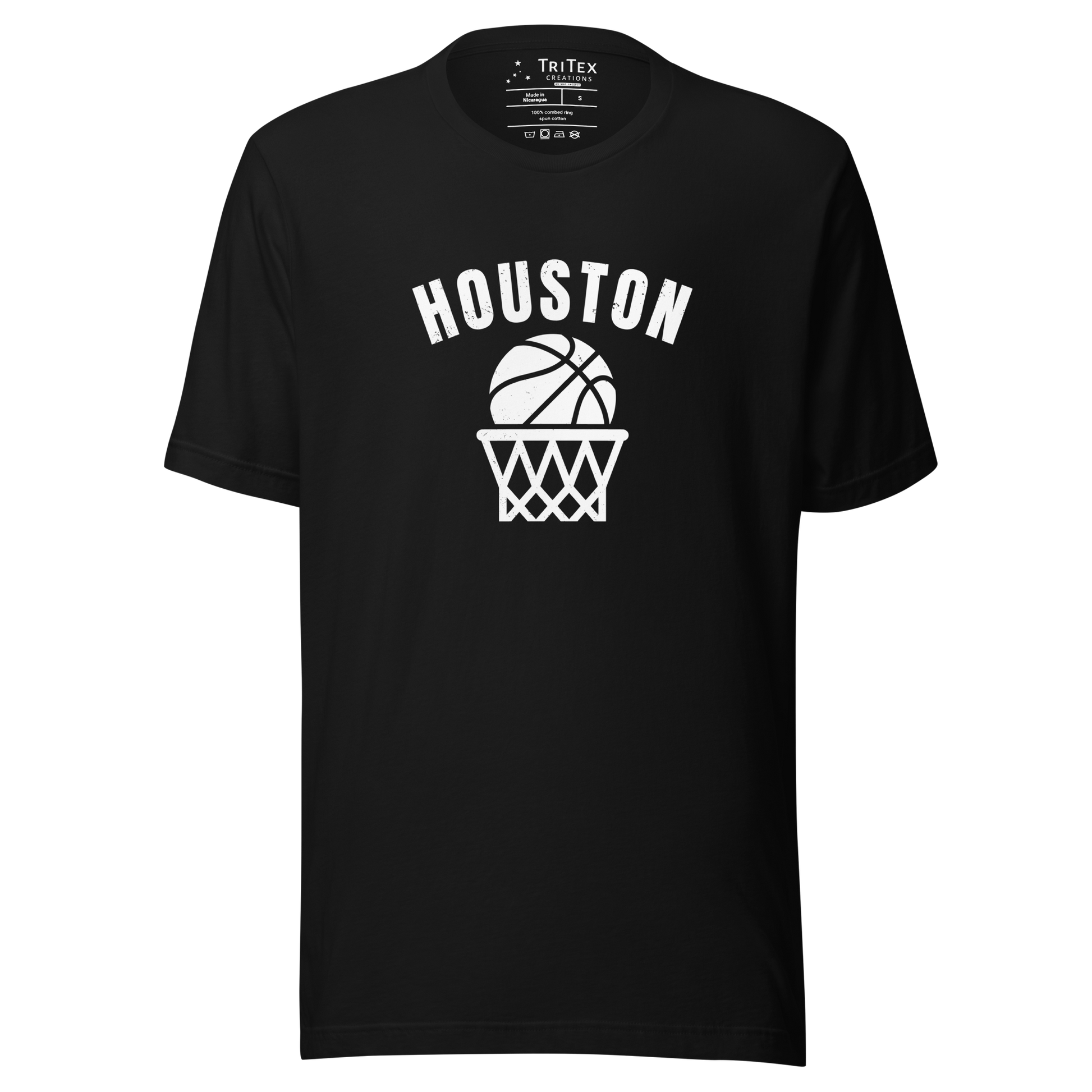 A black heather t-shirt featuring a basketball and net with the words "Houston".