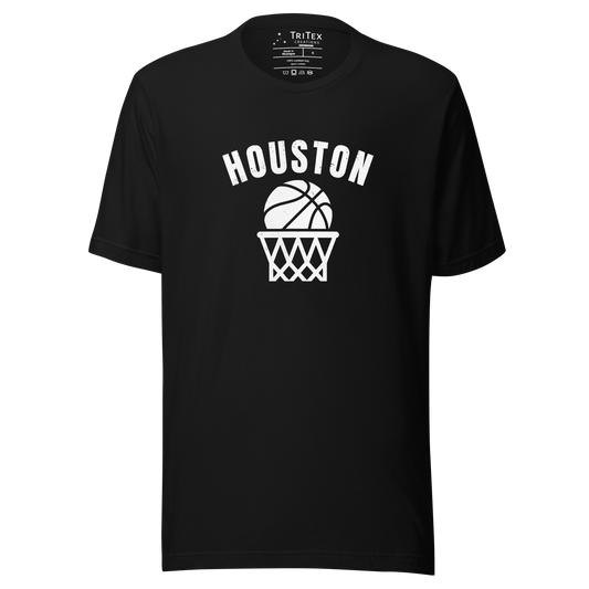 A black heather t-shirt featuring a basketball and net with the words "Houston".