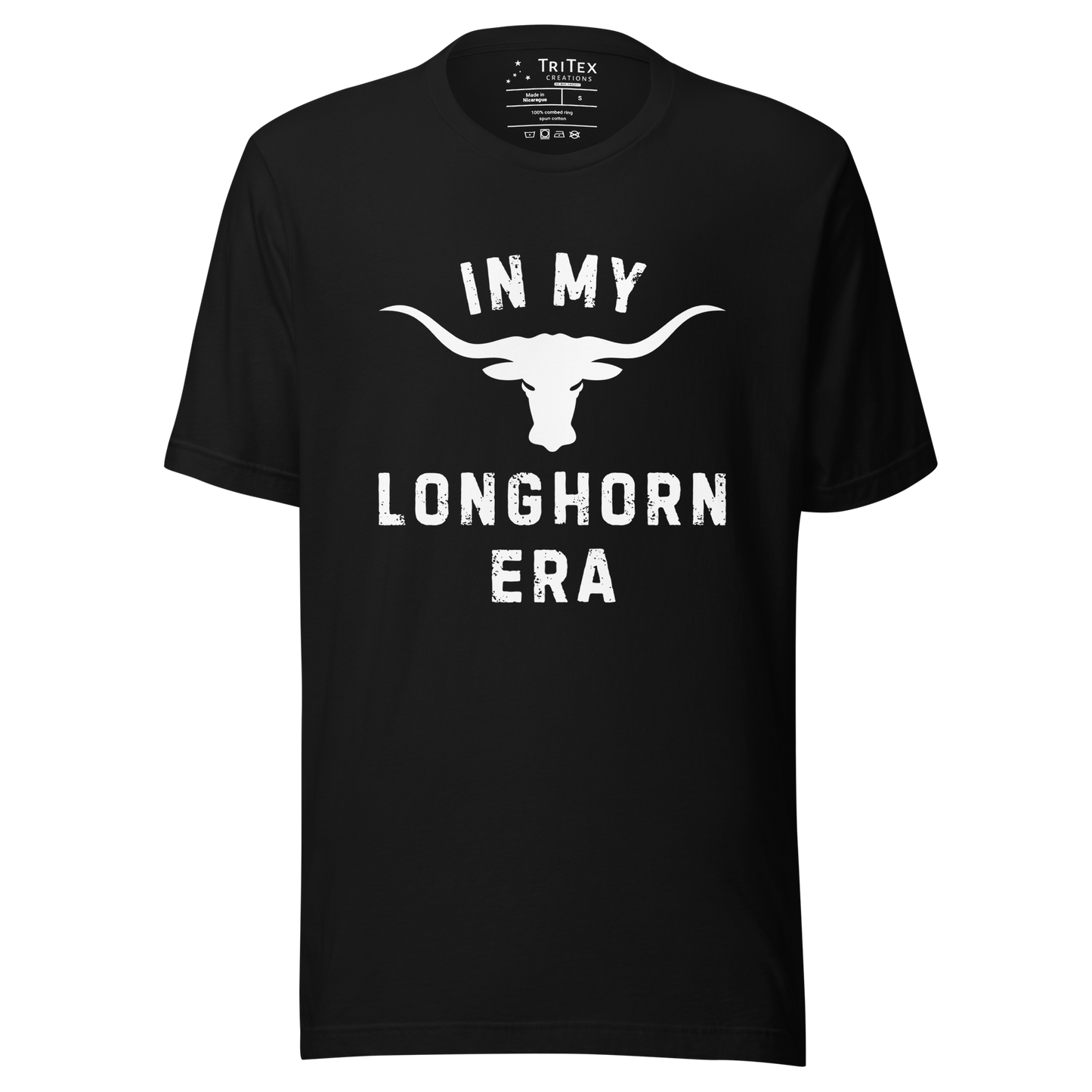 A black t-shirt featuring a silhouette of a longhorn bull with the text "In my longhorn era".