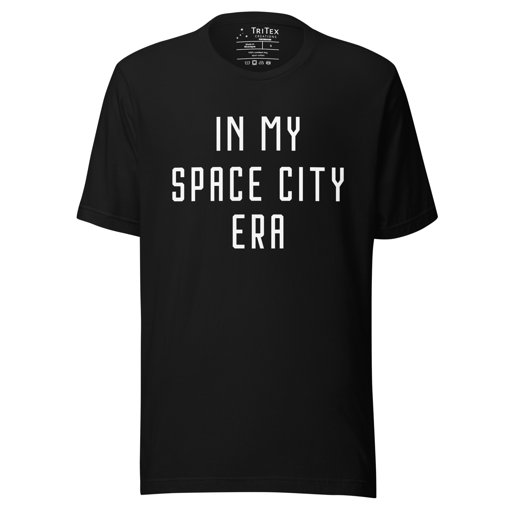 A black t-shirt featuring with the text "In my Space City era".
