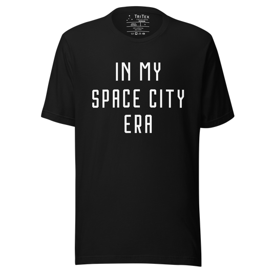 A black t-shirt featuring with the text "In my Space City era".