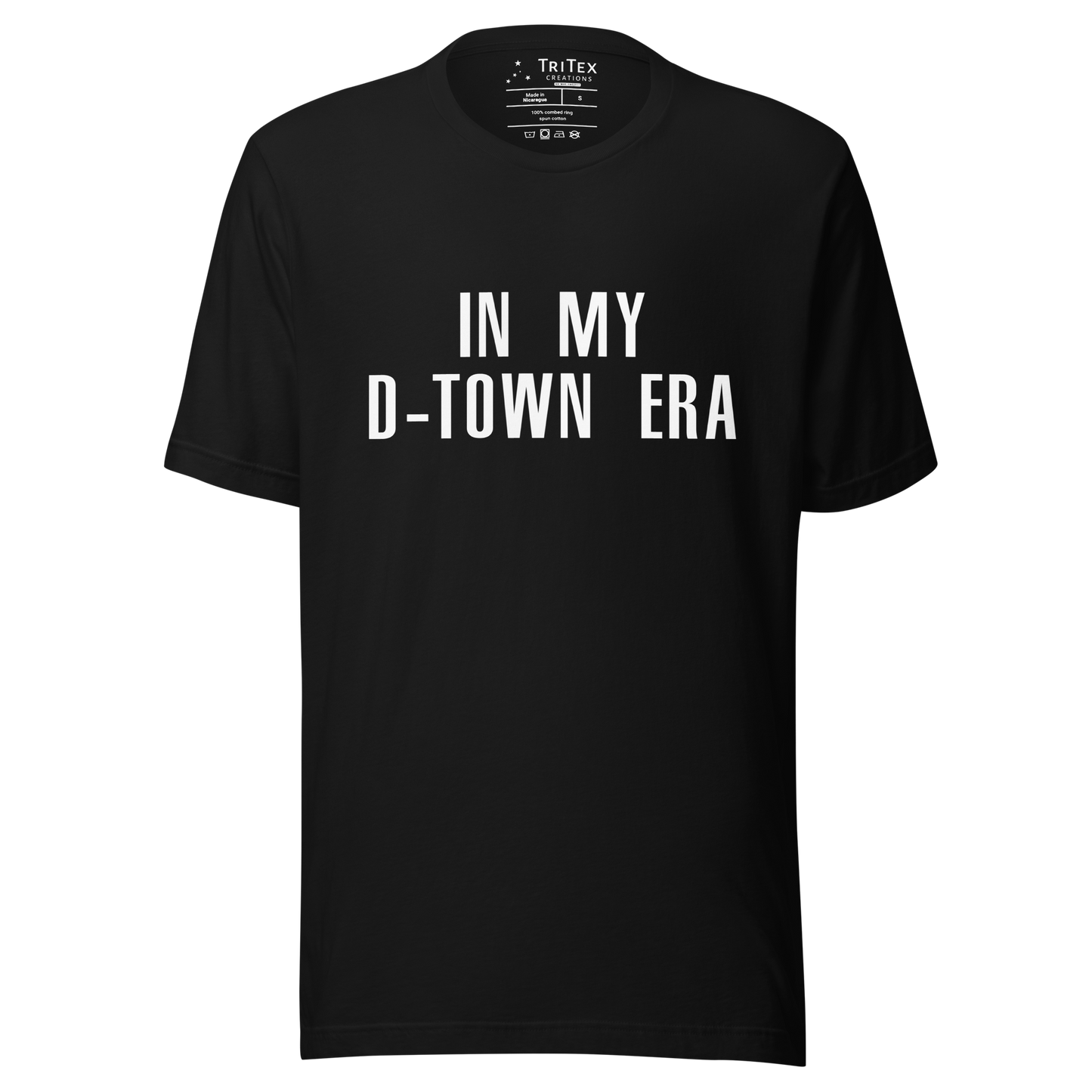 A black t-shirt featuring with the text "In my D-Town era".