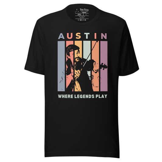 A black t-shirt featuring a silhouette of a fiddle player with the words "Austin. Where legends play".