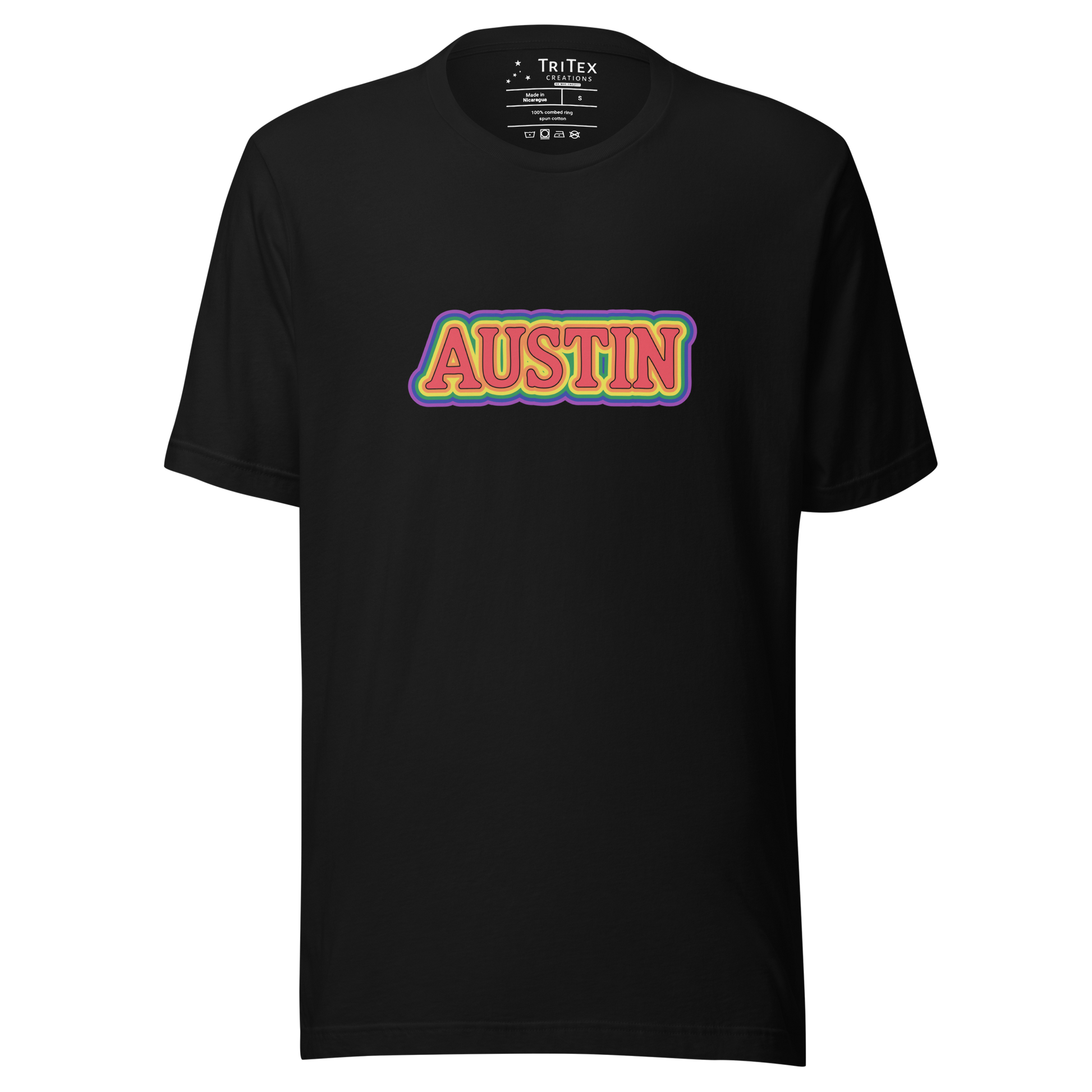 A black t-shirt featuring the words Austin in rainbow colors.