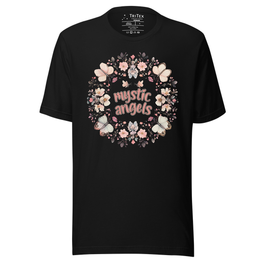 A black t-shirt with the words "mystic angels" surrounded by butterflies and flowers.