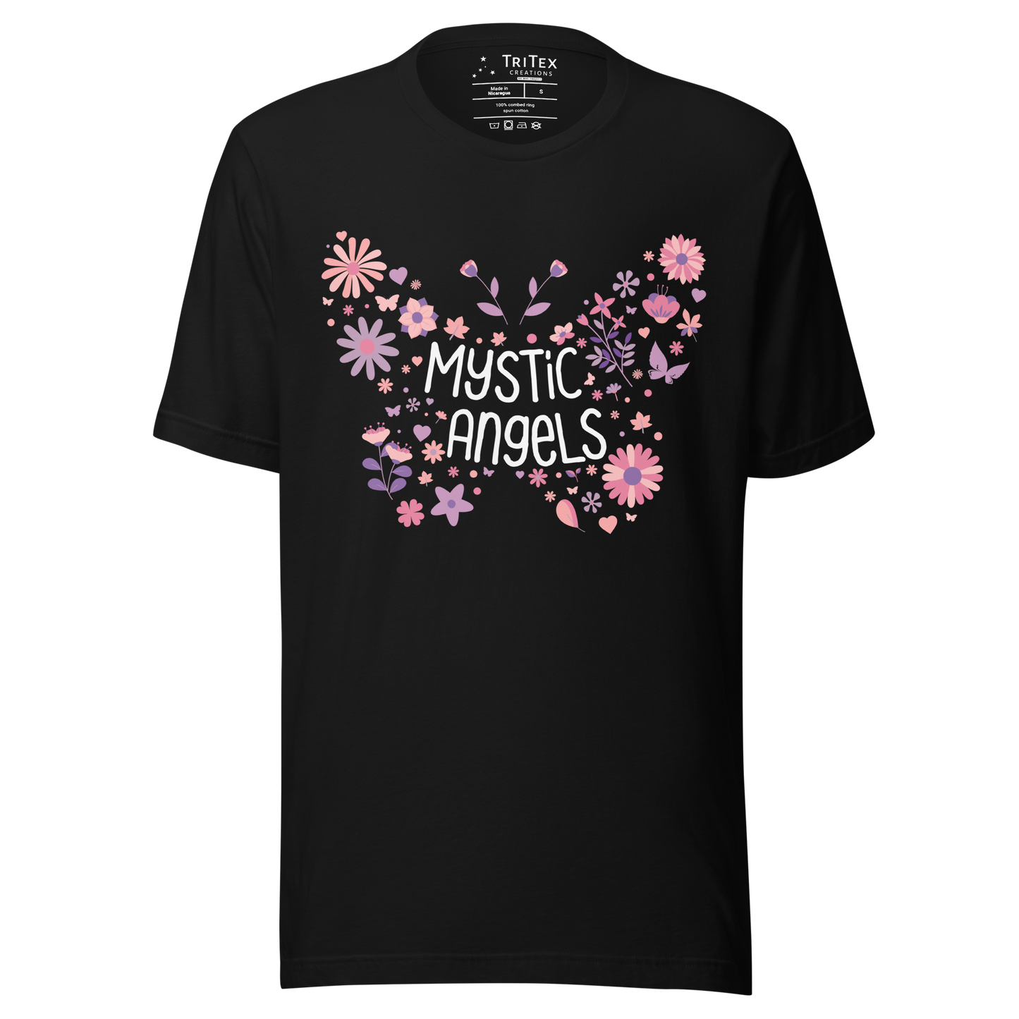 A black t-shirt with the words "Mystic Angels" surrounded by leaves and flowers in the shape of a butterfly.