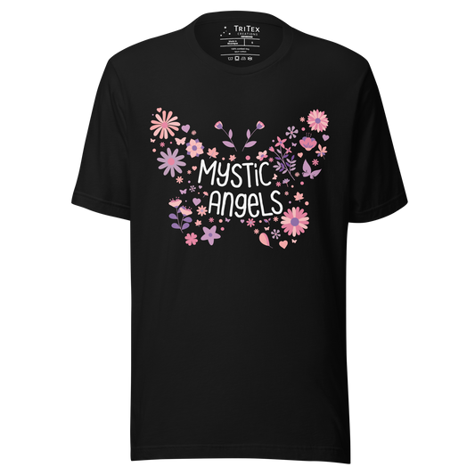 A black t-shirt with the words "Mystic Angels" surrounded by leaves and flowers in the shape of a butterfly.