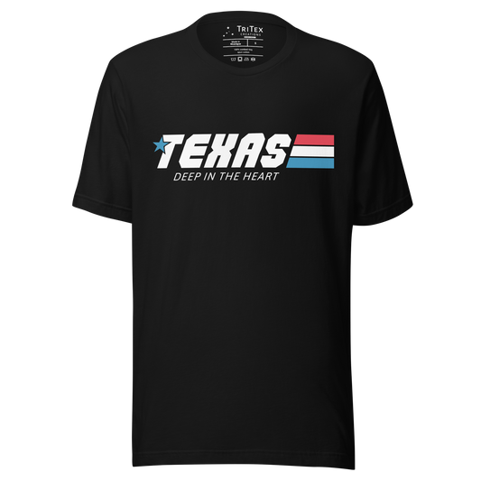 A black t-shirt with the words "Texas. Deep in the heart" styled like an 80s cartoon show logo.