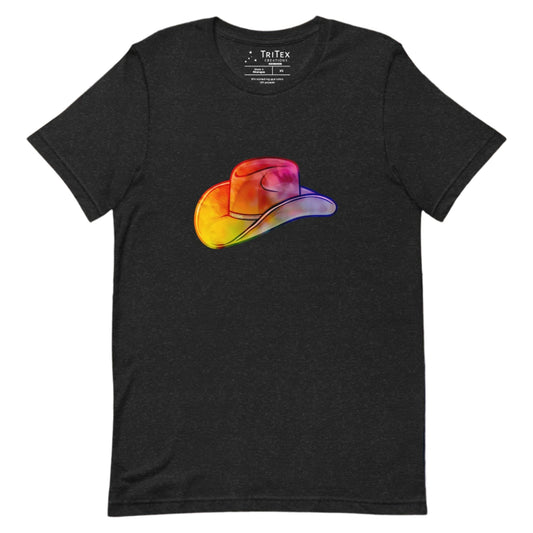 A black heather t-shirt featuring a rainbow-colored cowboy hat.