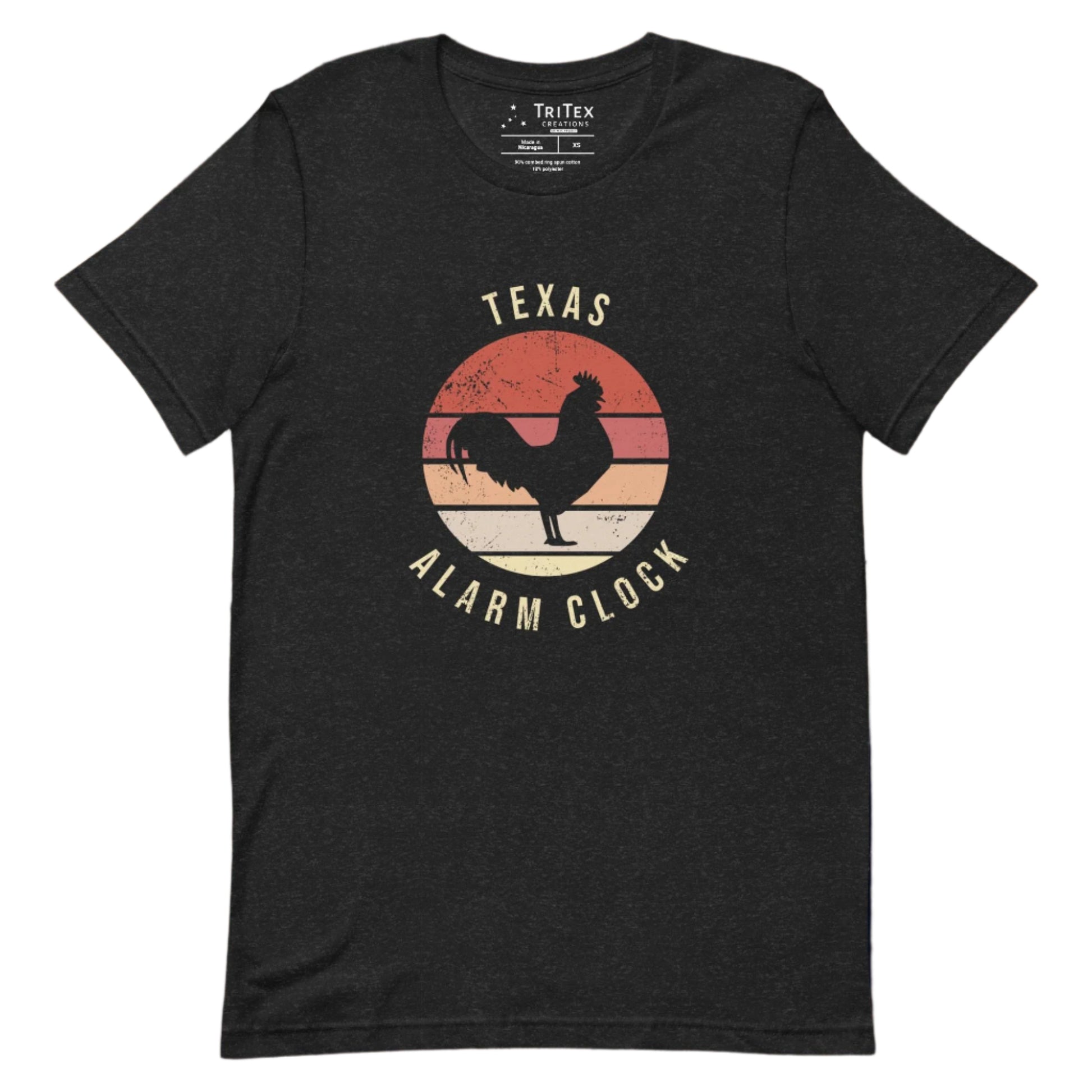 A black heather t-shirt featuring the silhouette of a rooster with the words "Texas Alarm Clock".