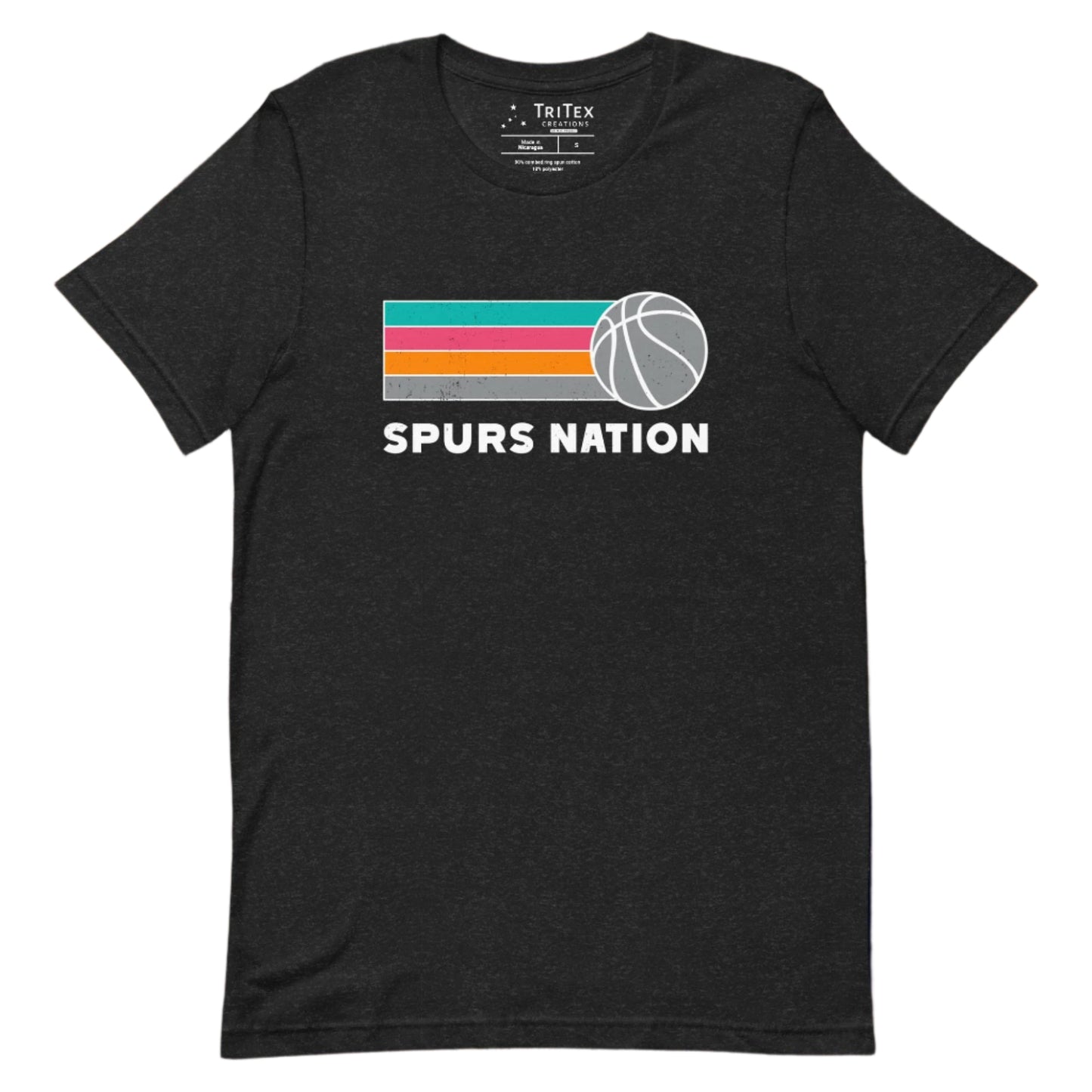 A black heather t-shirt featuring teal, pink, orange, gray stripes and a gray basketball with the words "Spurs nation".