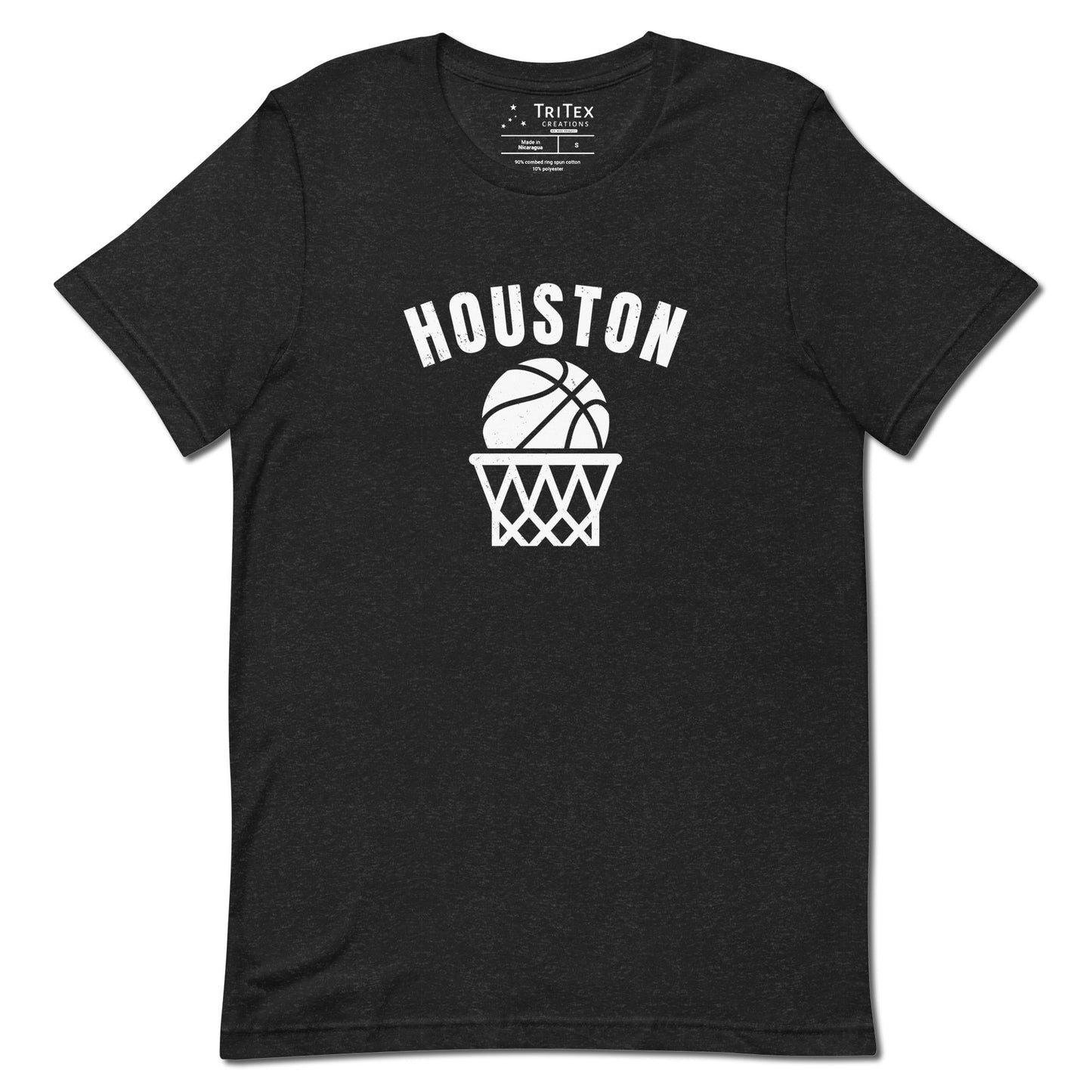 A black heather t-shirt featuring a basketball and net with the words "Houston".